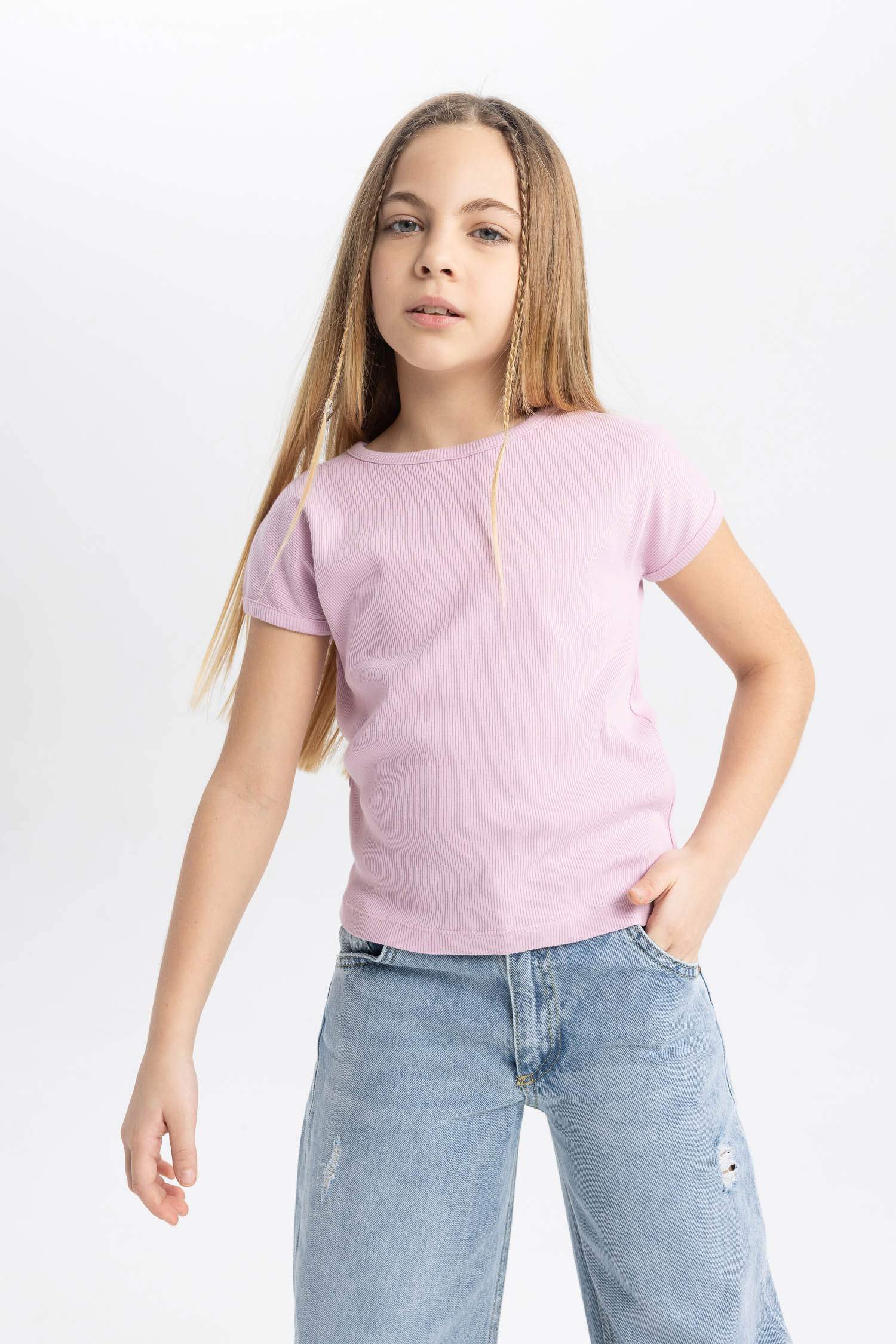 Kız Çocuk Slim Fit Dar Kesim Bisiklet Yaka Basic Düz Fitilli Kaşkorse Kısa Kollu Tişört