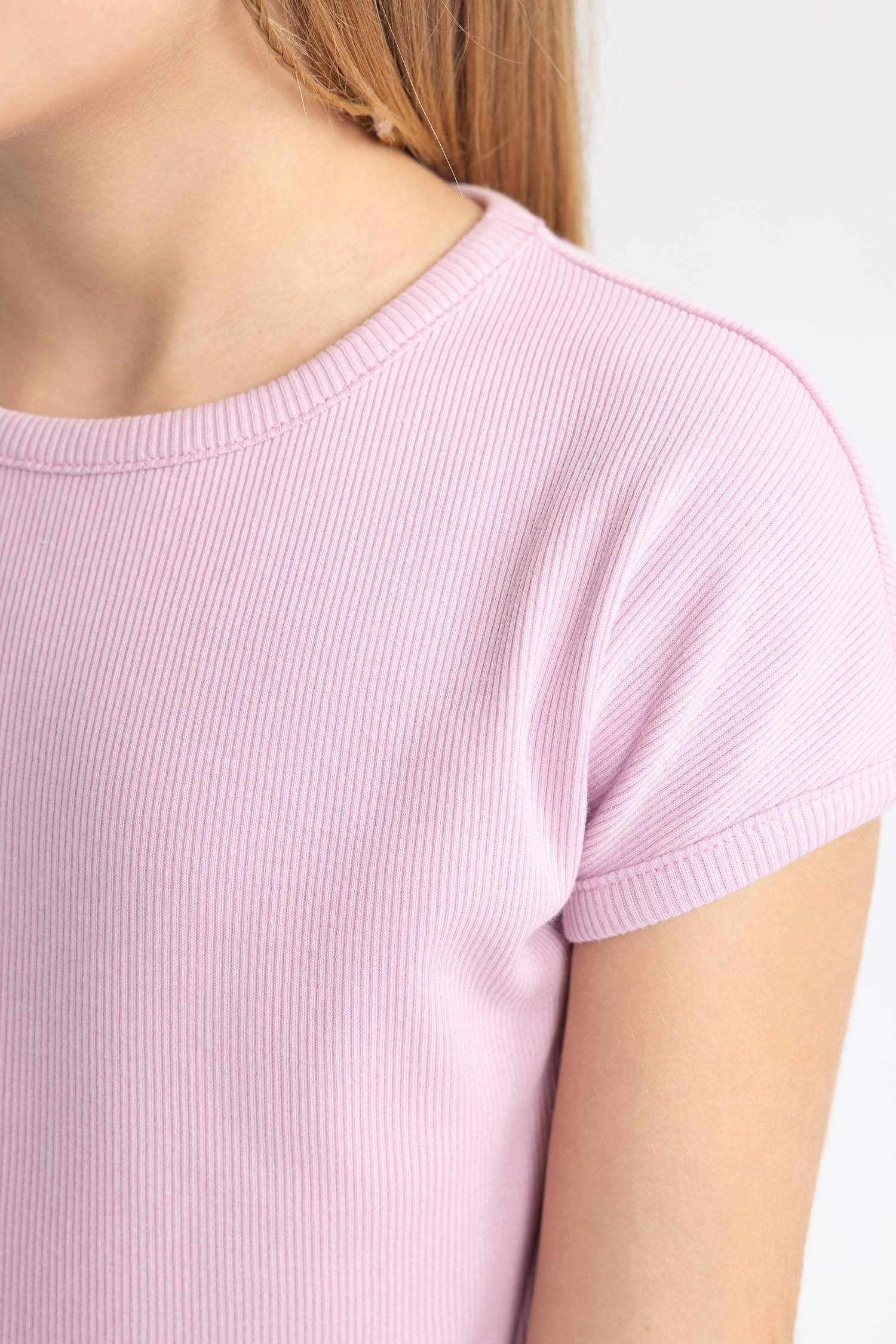 Kız Çocuk Slim Fit Dar Kesim Bisiklet Yaka Basic Düz Fitilli Kaşkorse Kısa Kollu Tişört