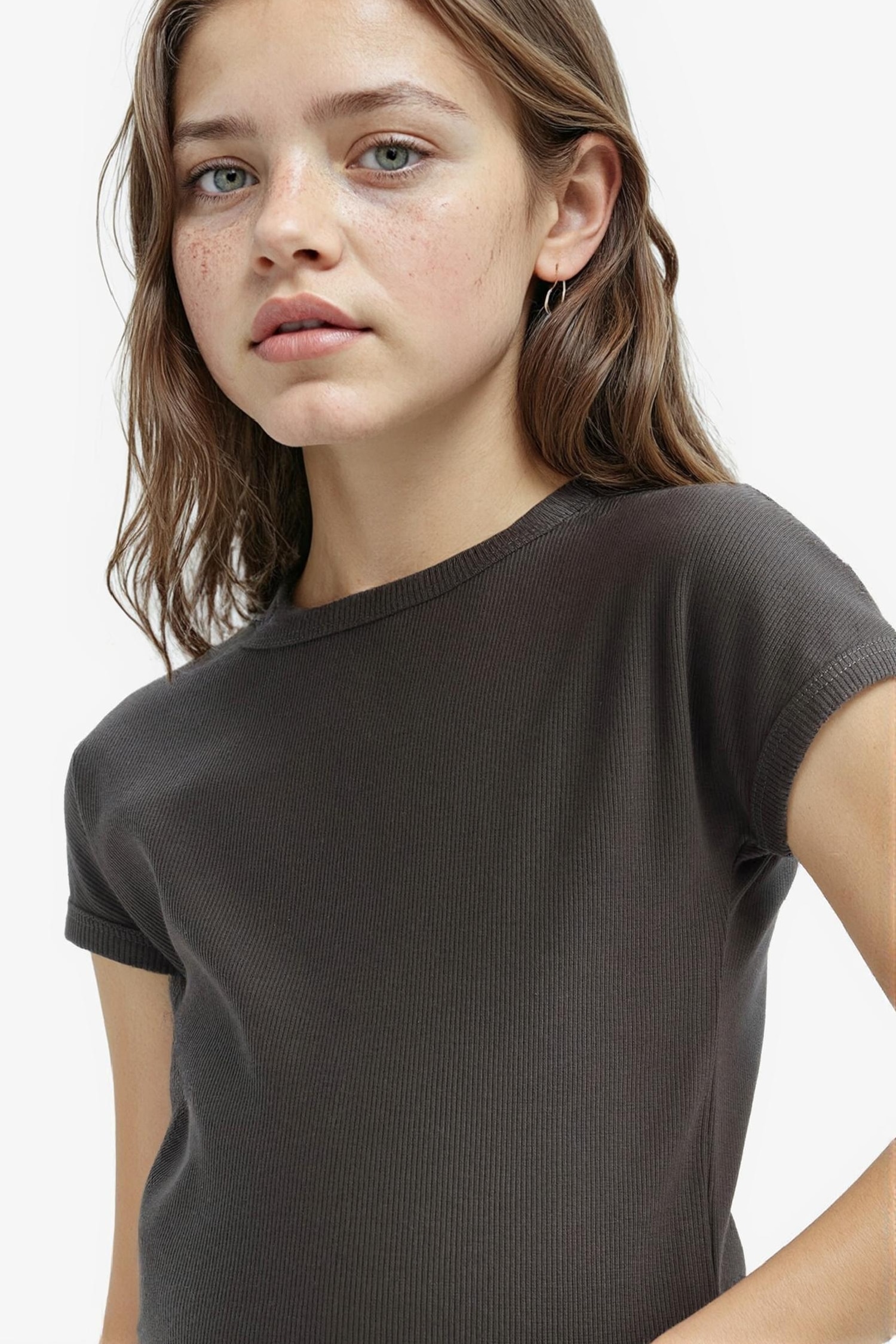 Kız Çocuk Slim Fit Dar Kesim Bisiklet Yaka Basic Düz Fitilli Kaşkorse Kısa Kollu Tişört