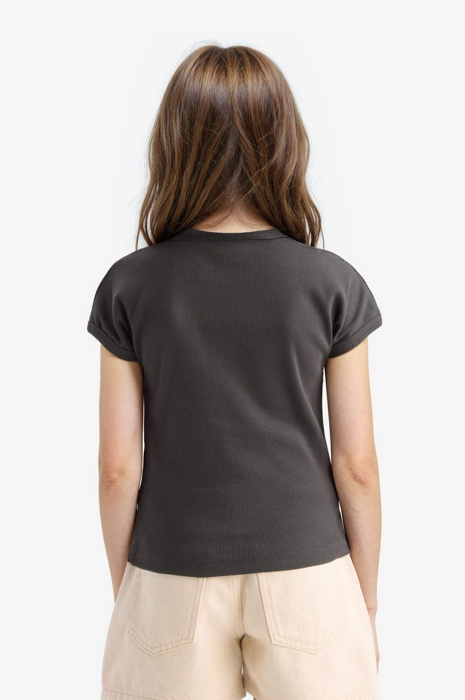 Kız Çocuk Slim Fit Dar Kesim Bisiklet Yaka Basic Düz Fitilli Kaşkorse Kısa Kollu Tişört