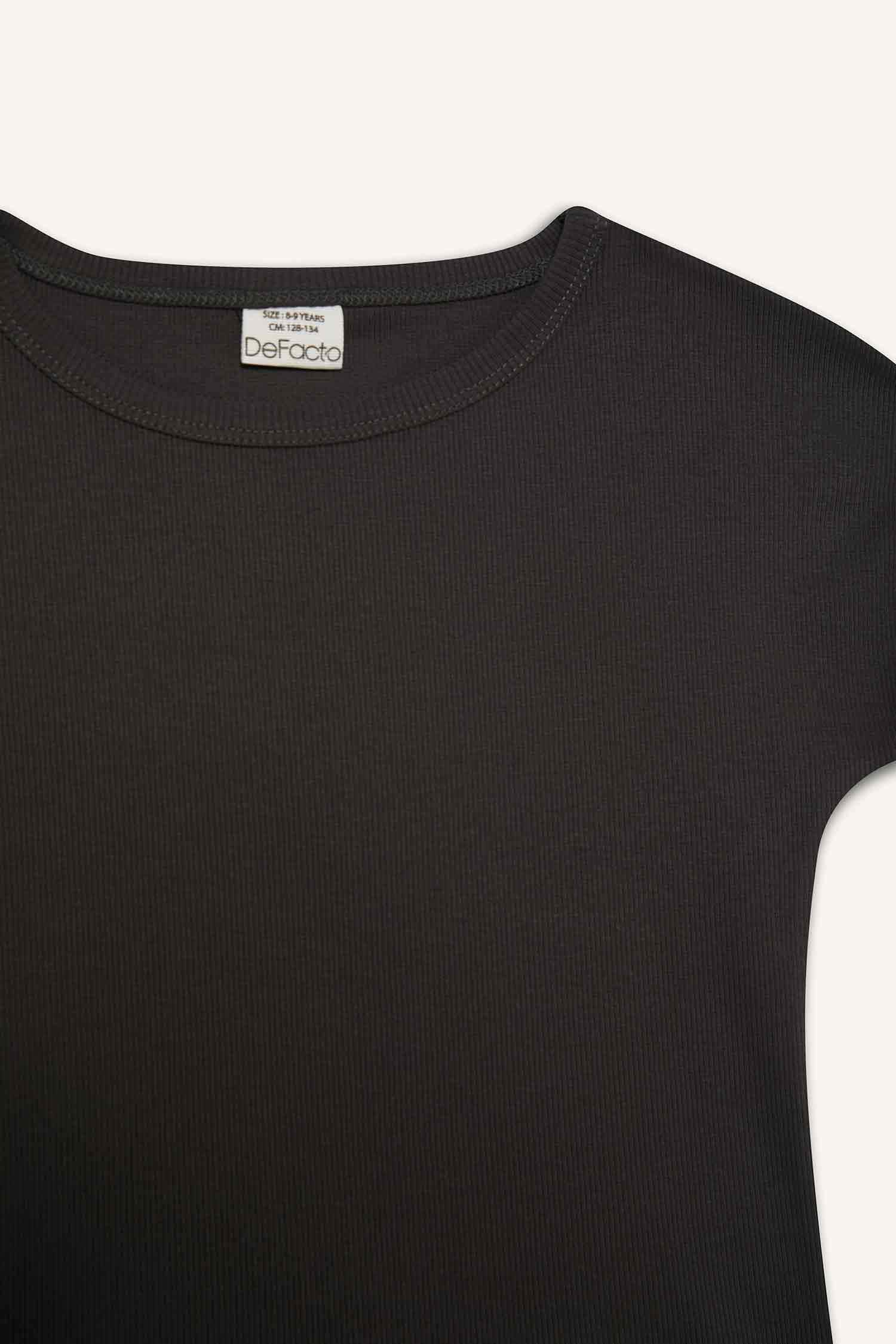 Kız Çocuk Slim Fit Dar Kesim Bisiklet Yaka Basic Düz Fitilli Kaşkorse Kısa Kollu Tişört