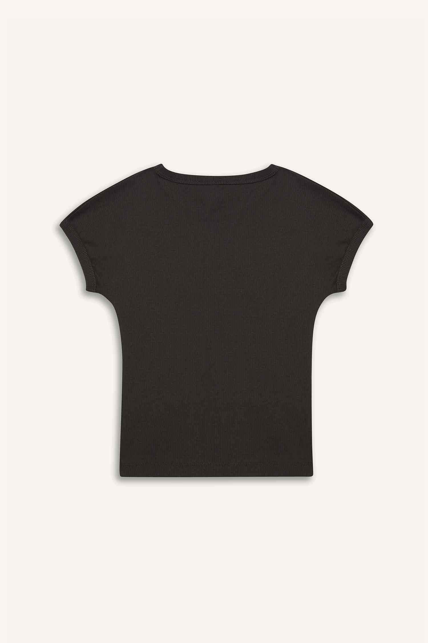 Kız Çocuk Slim Fit Dar Kesim Bisiklet Yaka Basic Düz Fitilli Kaşkorse Kısa Kollu Tişört