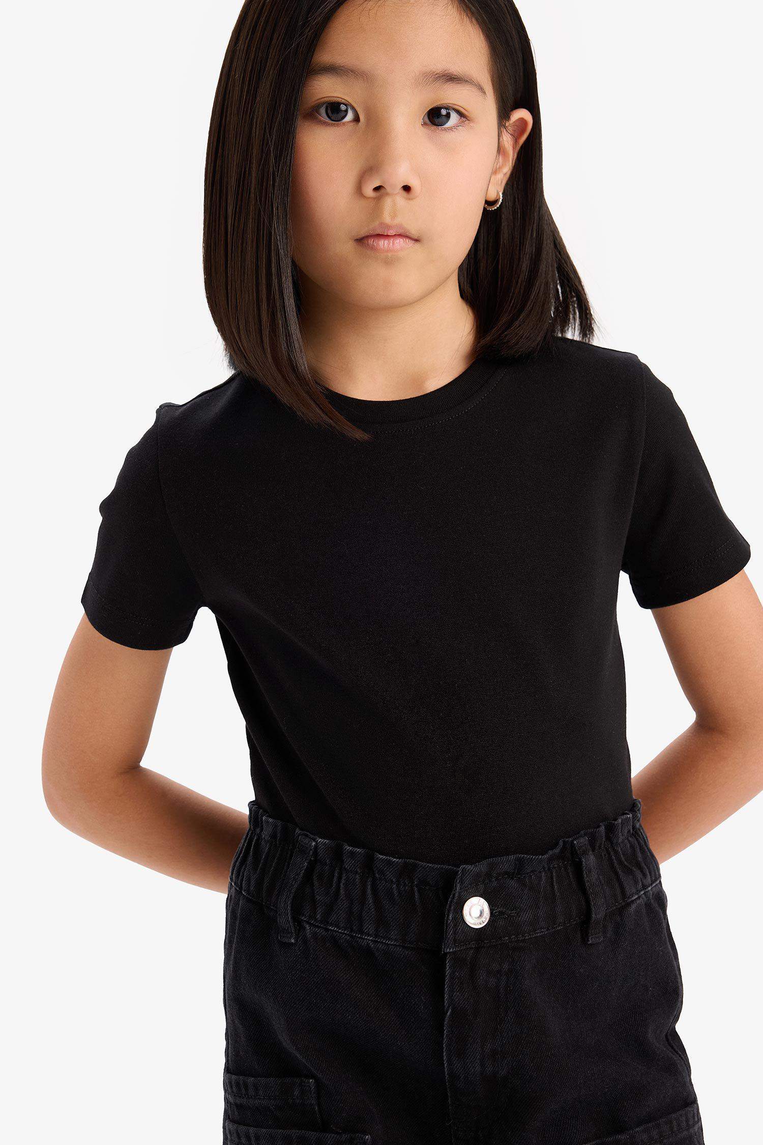 Girl Slim Fit Crew Neck Ribbed Short Sleeve T-Shirt