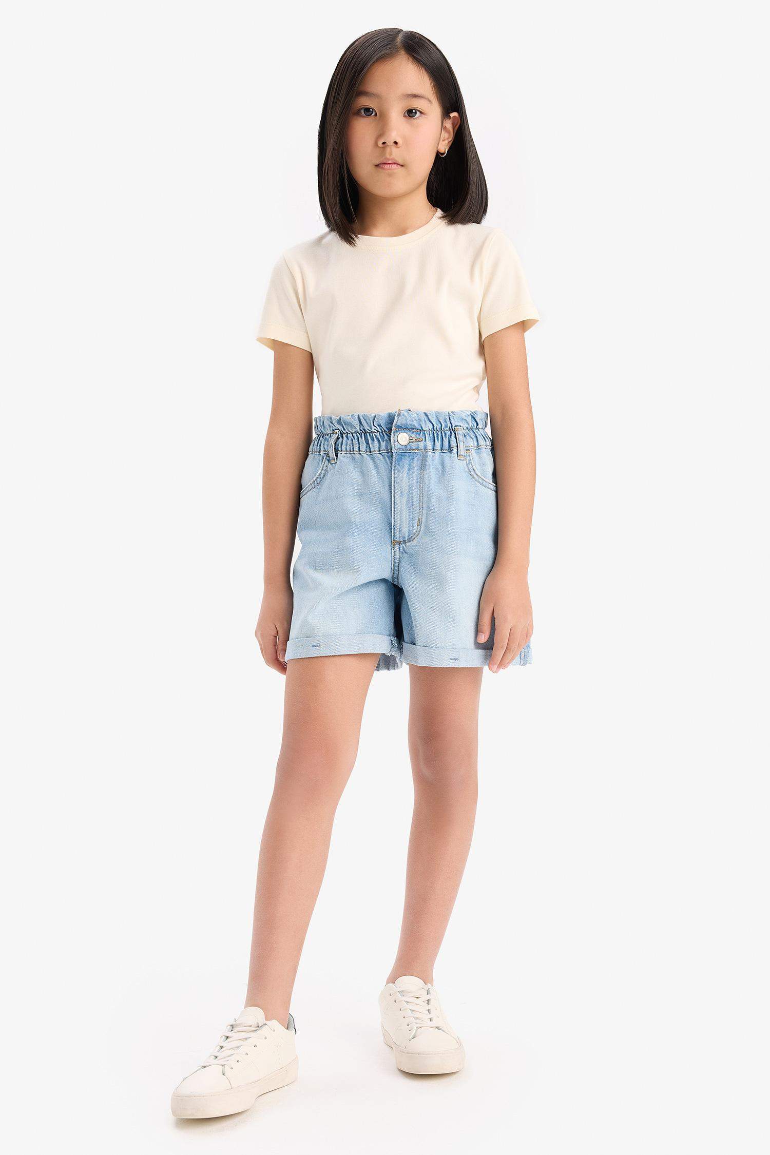 Kız Çocuk Slim Fit Dar Kesim Bisiklet Yaka Ribana Basic Düz Kısa Kollu Tişört