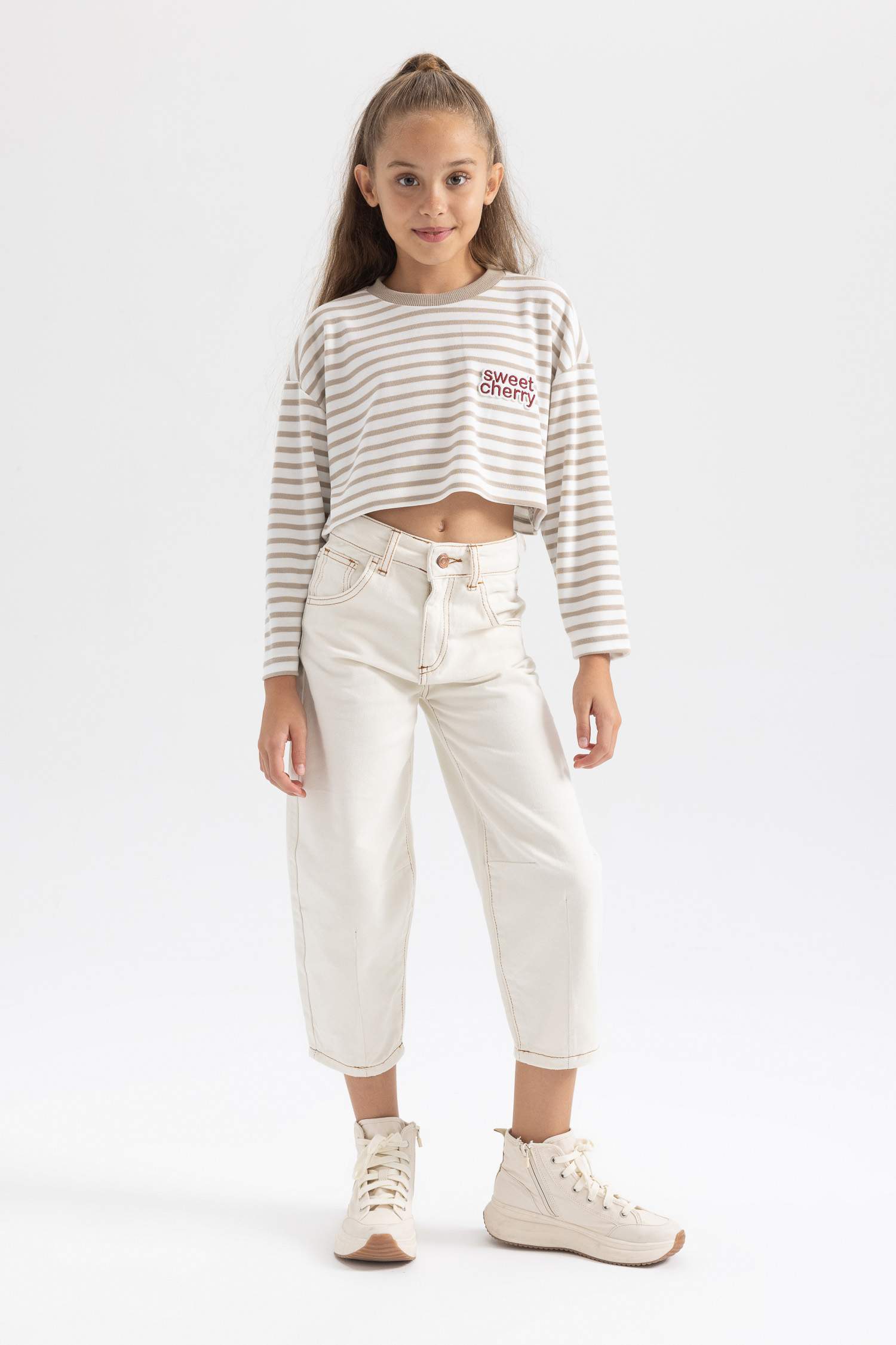 Girl Crew Neck Crop Striped Sweatshirt