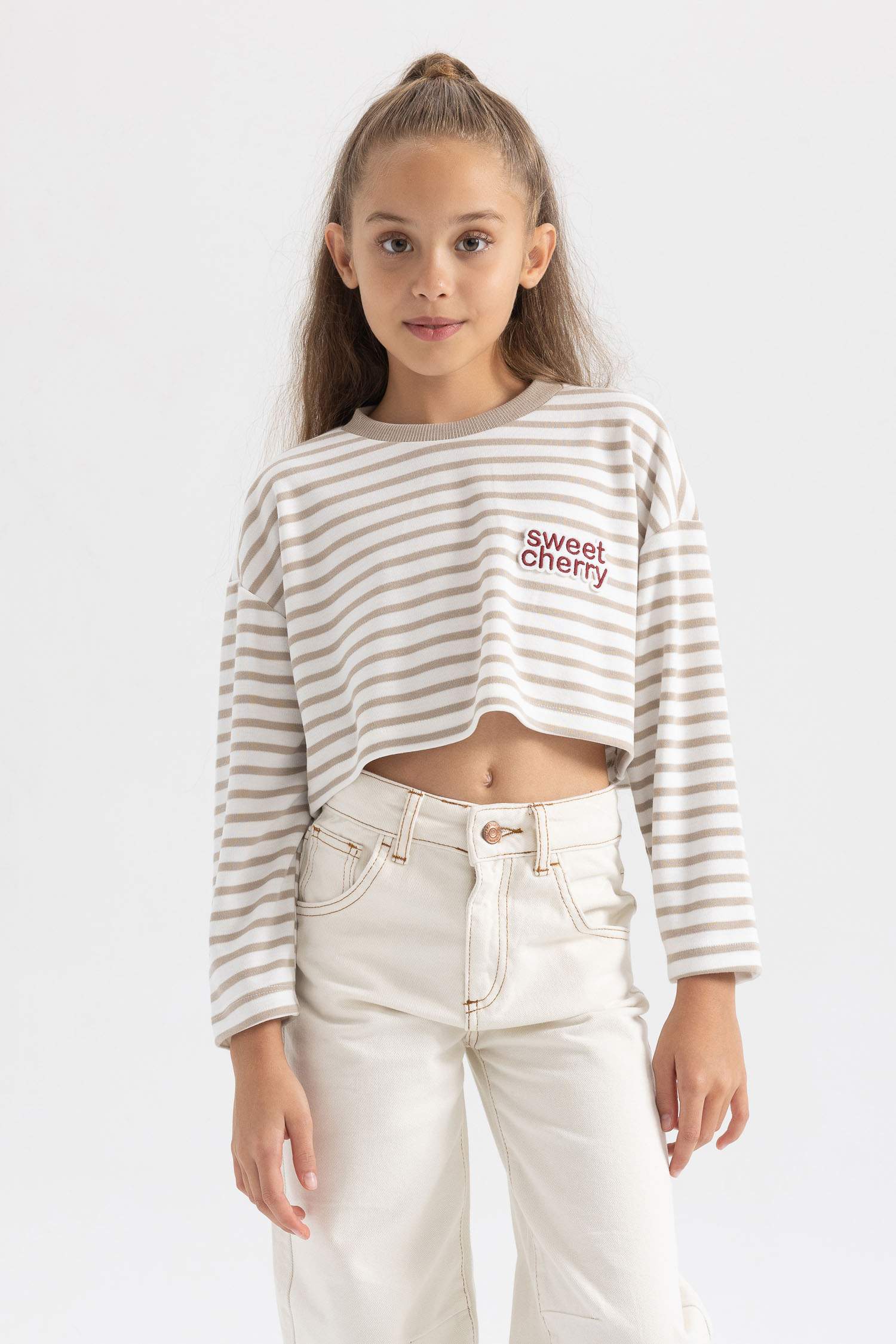 Girl Crew Neck Crop Striped Sweatshirt