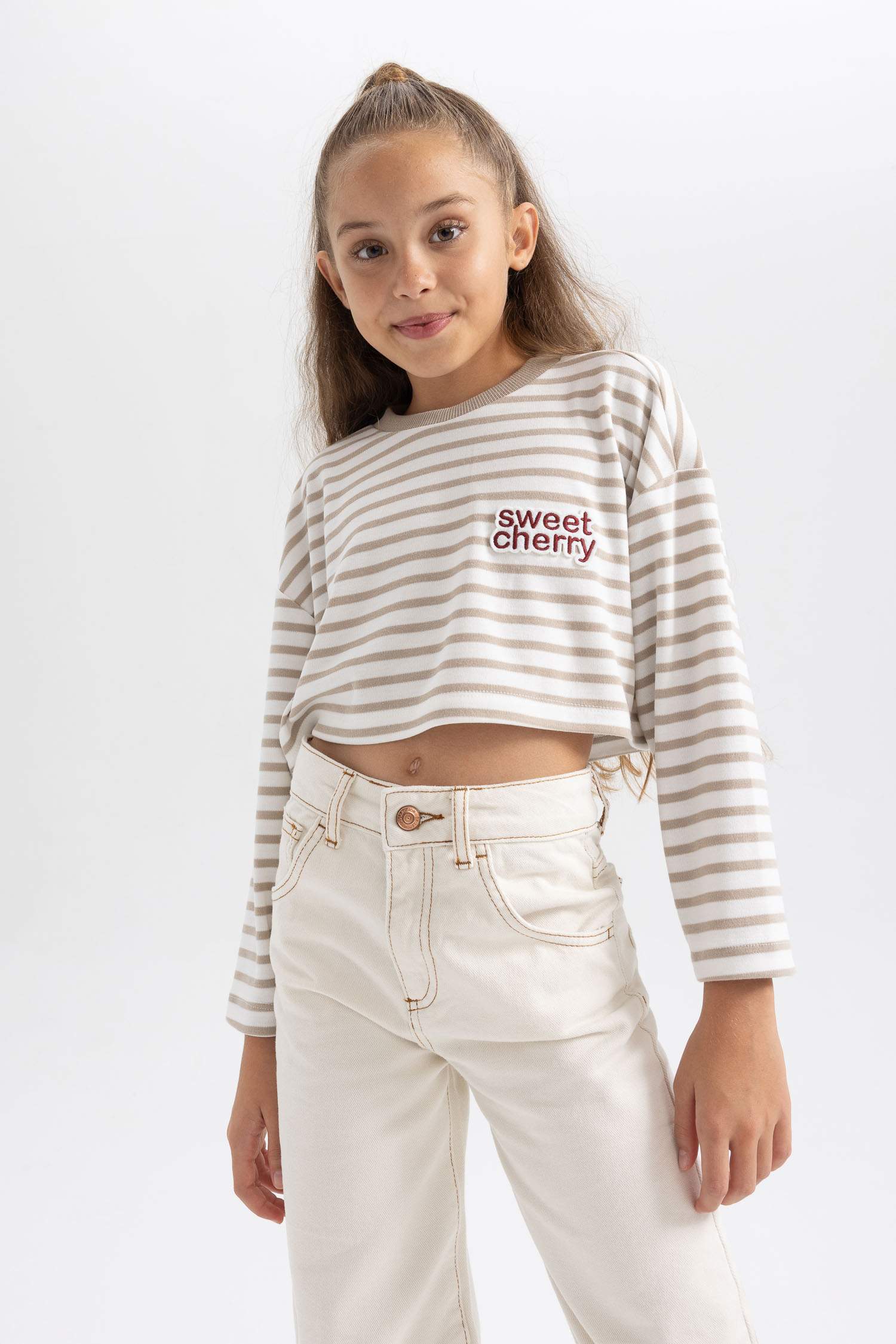 Girl Crew Neck Crop Striped Sweatshirt