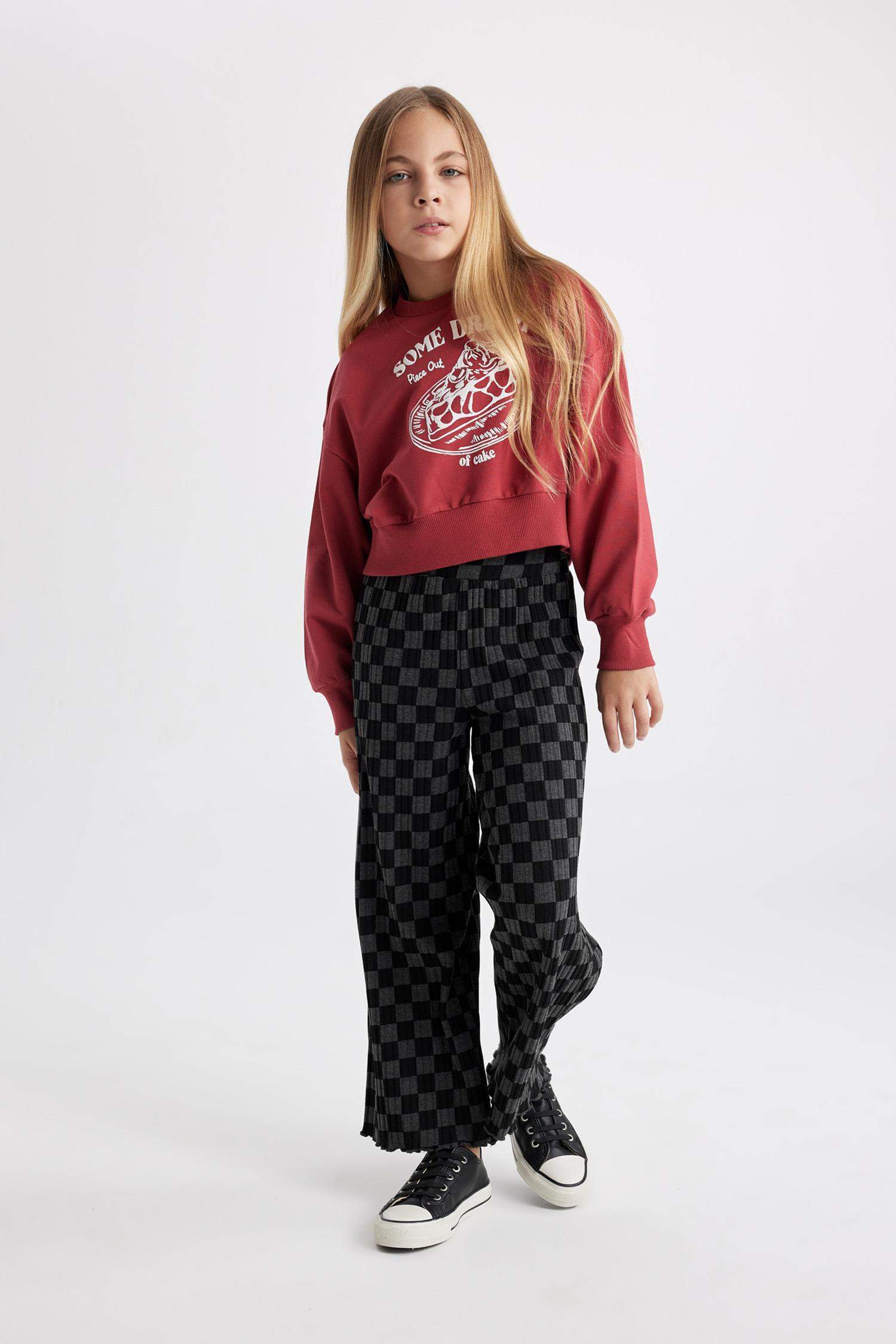 بنطلون بناتي مضلع وايد ليج