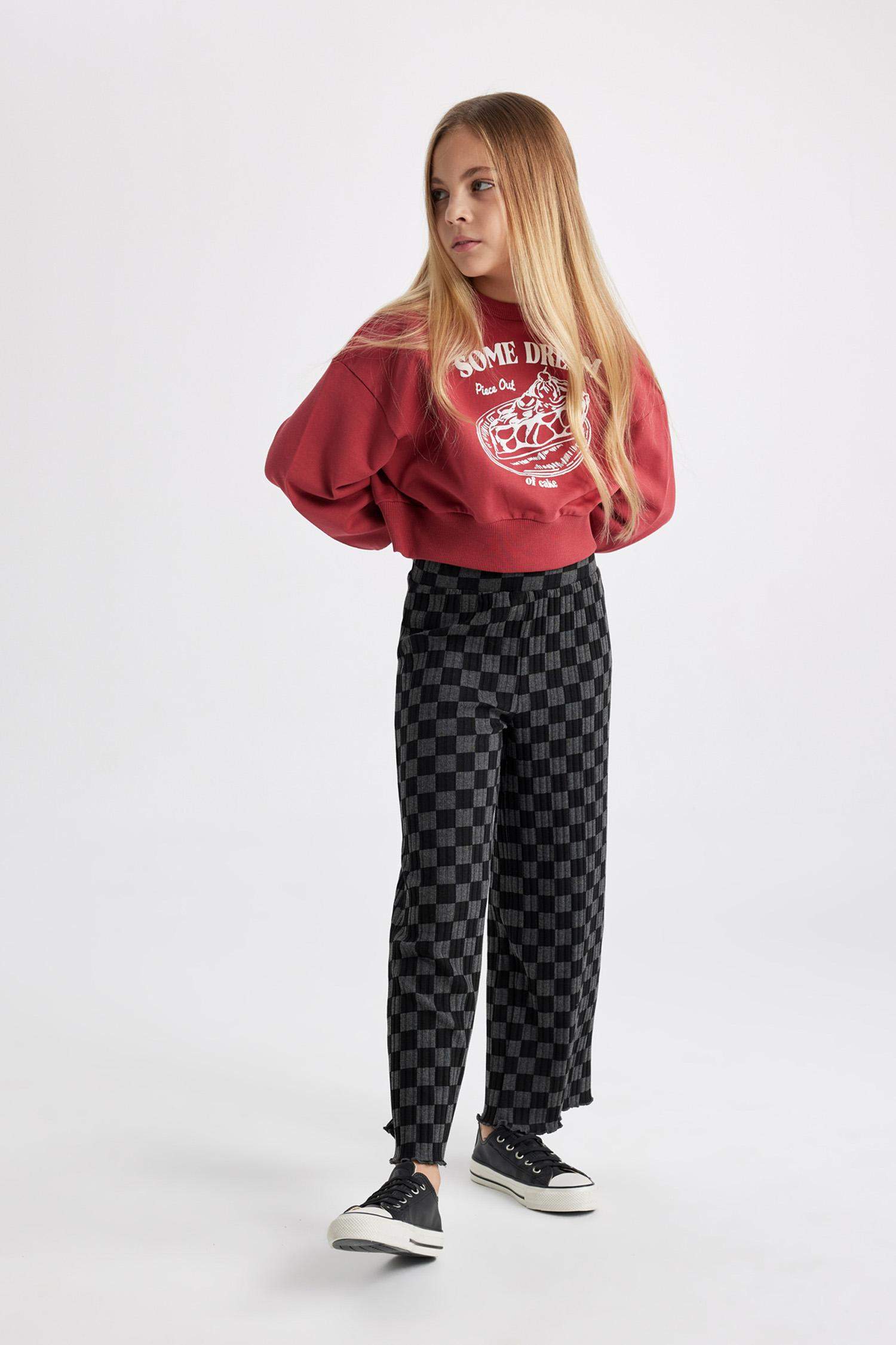 بنطلون بناتي مضلع وايد ليج