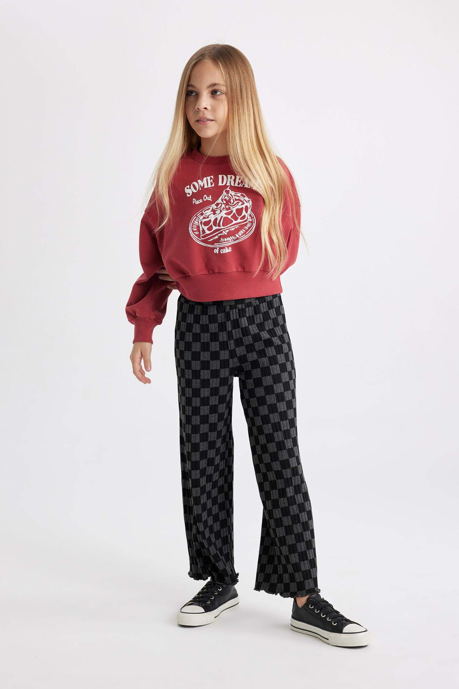 بنطلون بناتي مضلع وايد ليج