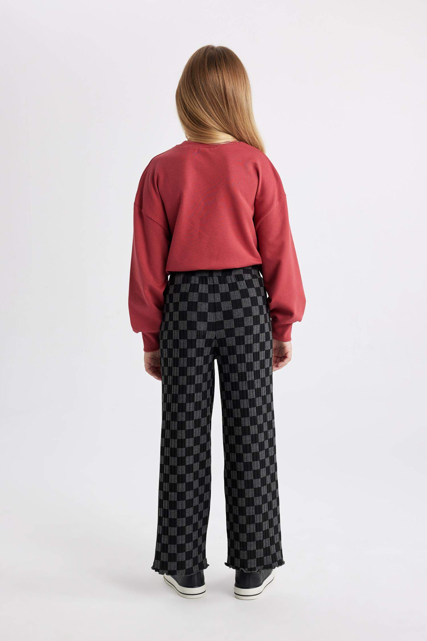 بنطلون بناتي مضلع وايد ليج