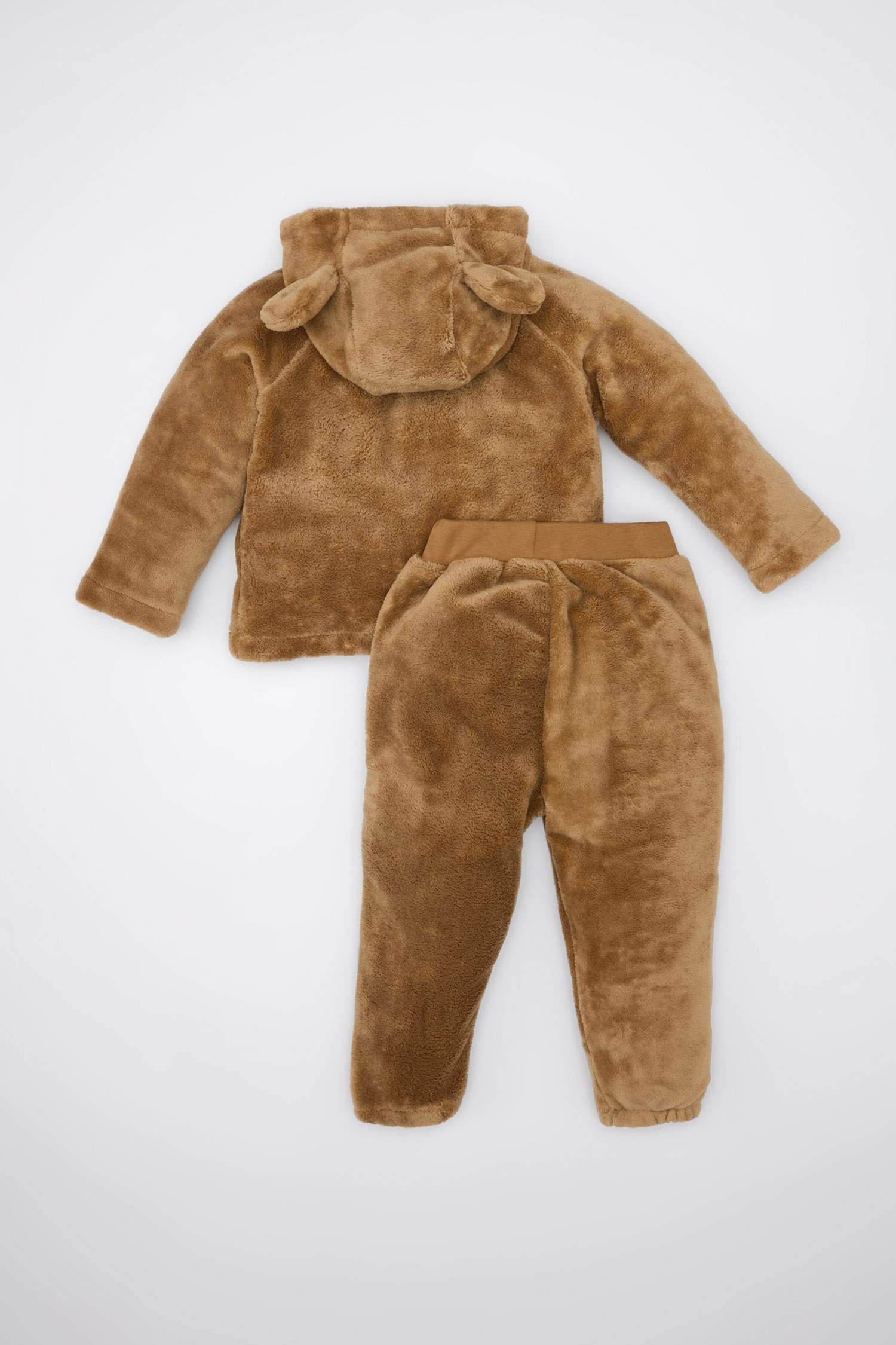 Erkek Bebek 2'li Takım Ayıcık Nakışlı Pelüş Kapüşonlu Sweatshirt Beli Lastikli Alt