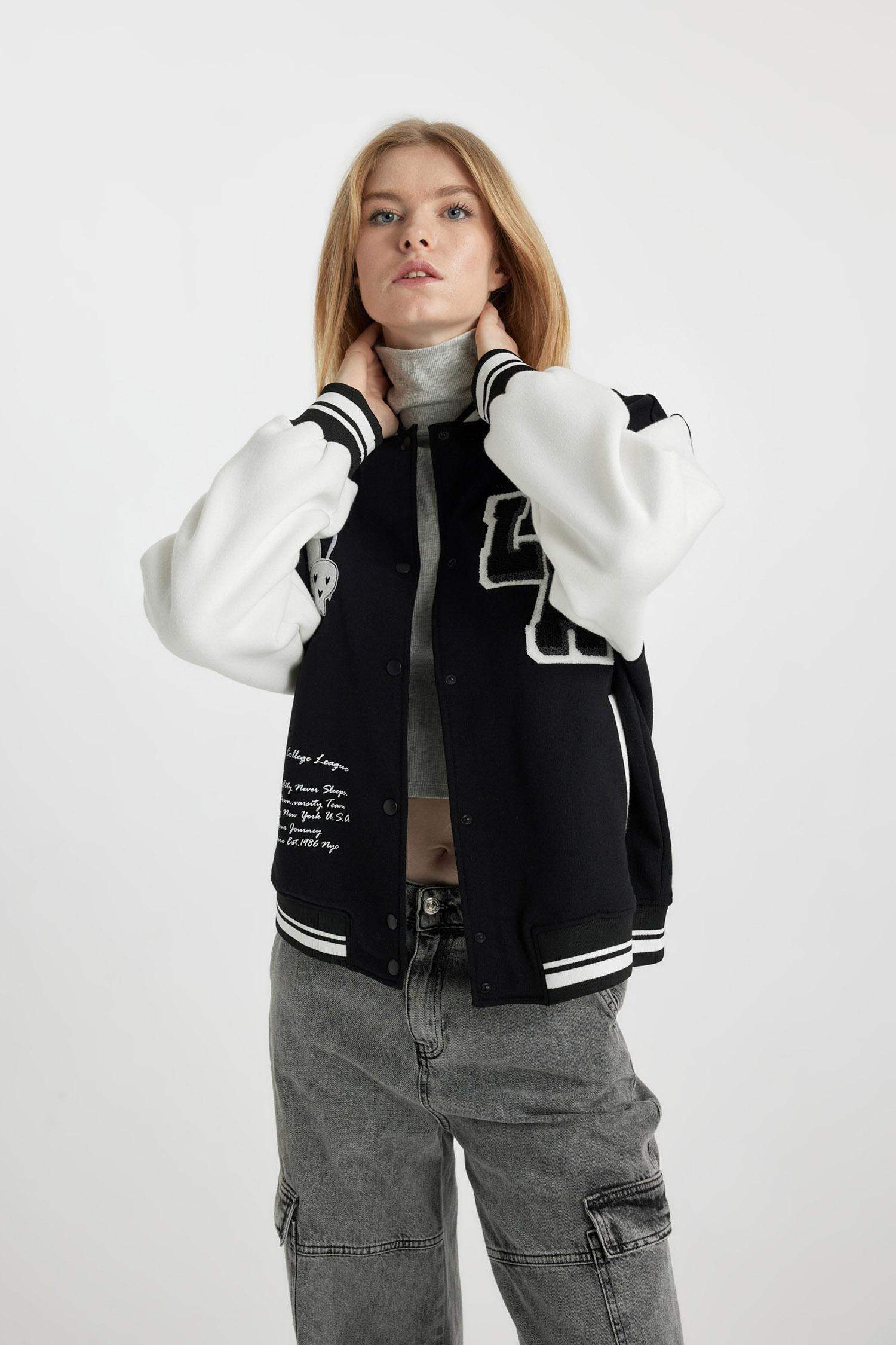 Coool Oversize Geniş Kalıp Kolej Yaka Nakışlı Çıtçıtlı Bomber Ceket