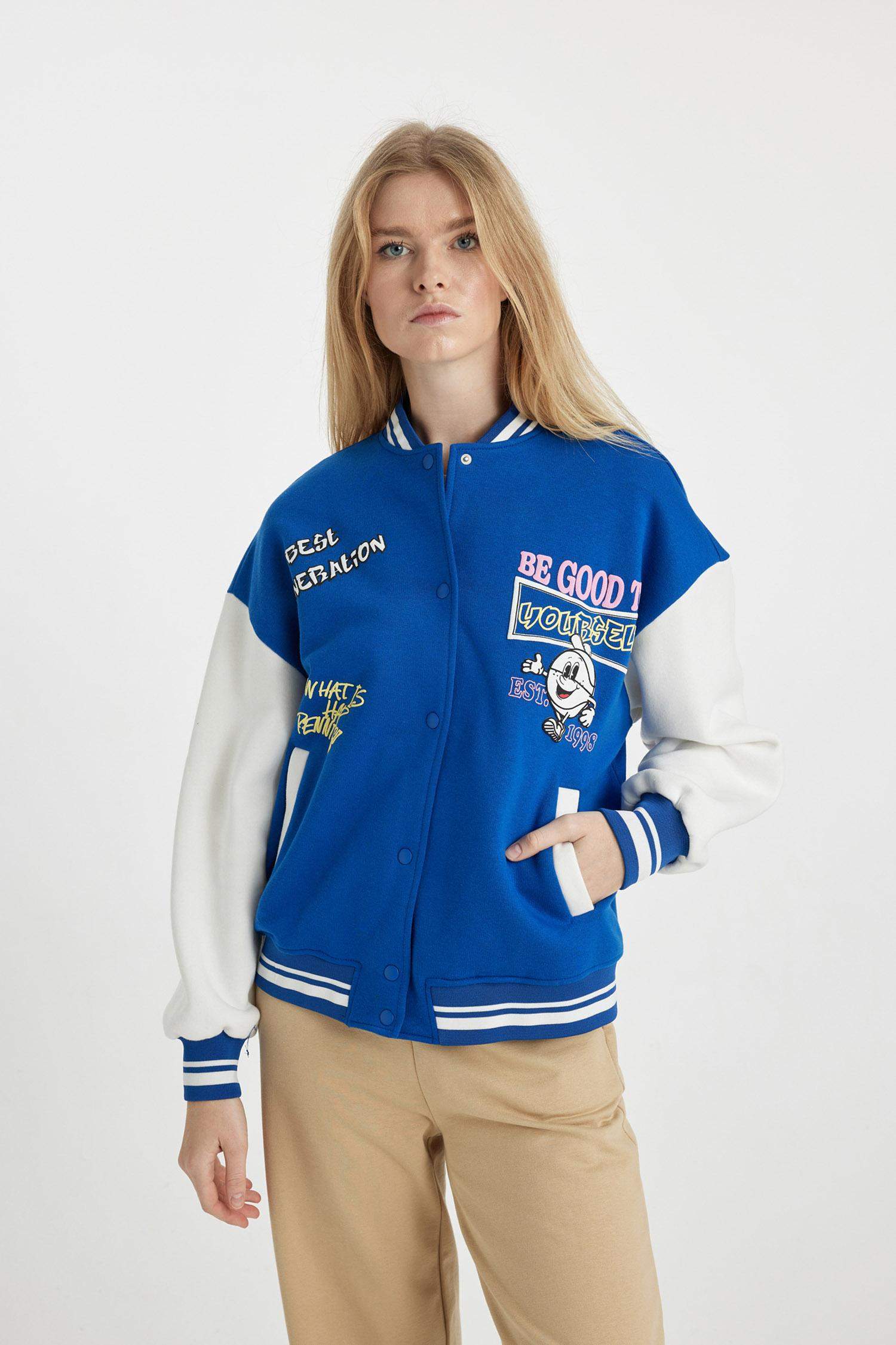 جاكيت بومبر اوفر سايز بياقة مستديرة بجيب