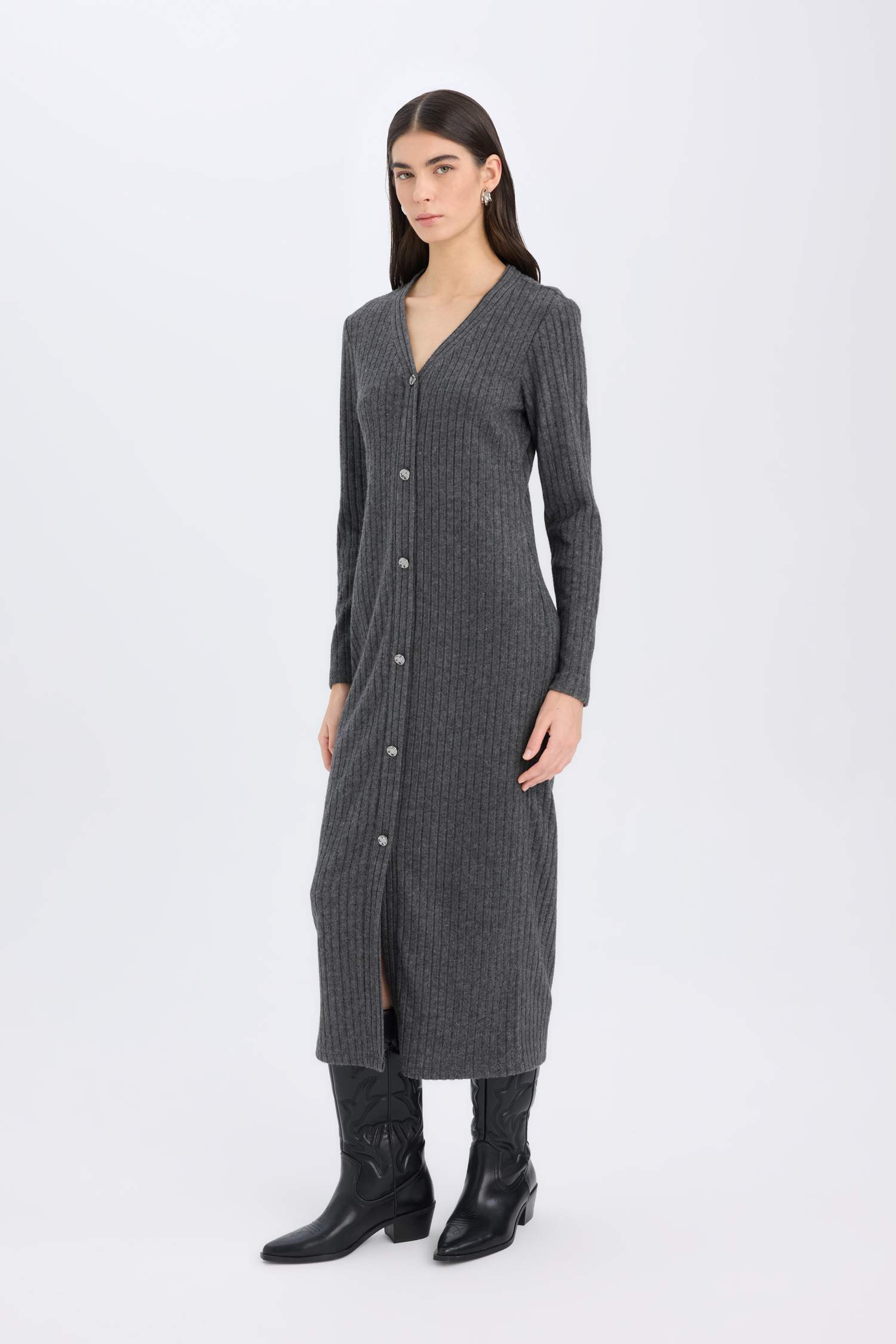 Bodycon Vücudu Saran Basic Düz V Yaka Düğmeli Fitilli Kaşkorse Midi Uzun Kollu Elbise