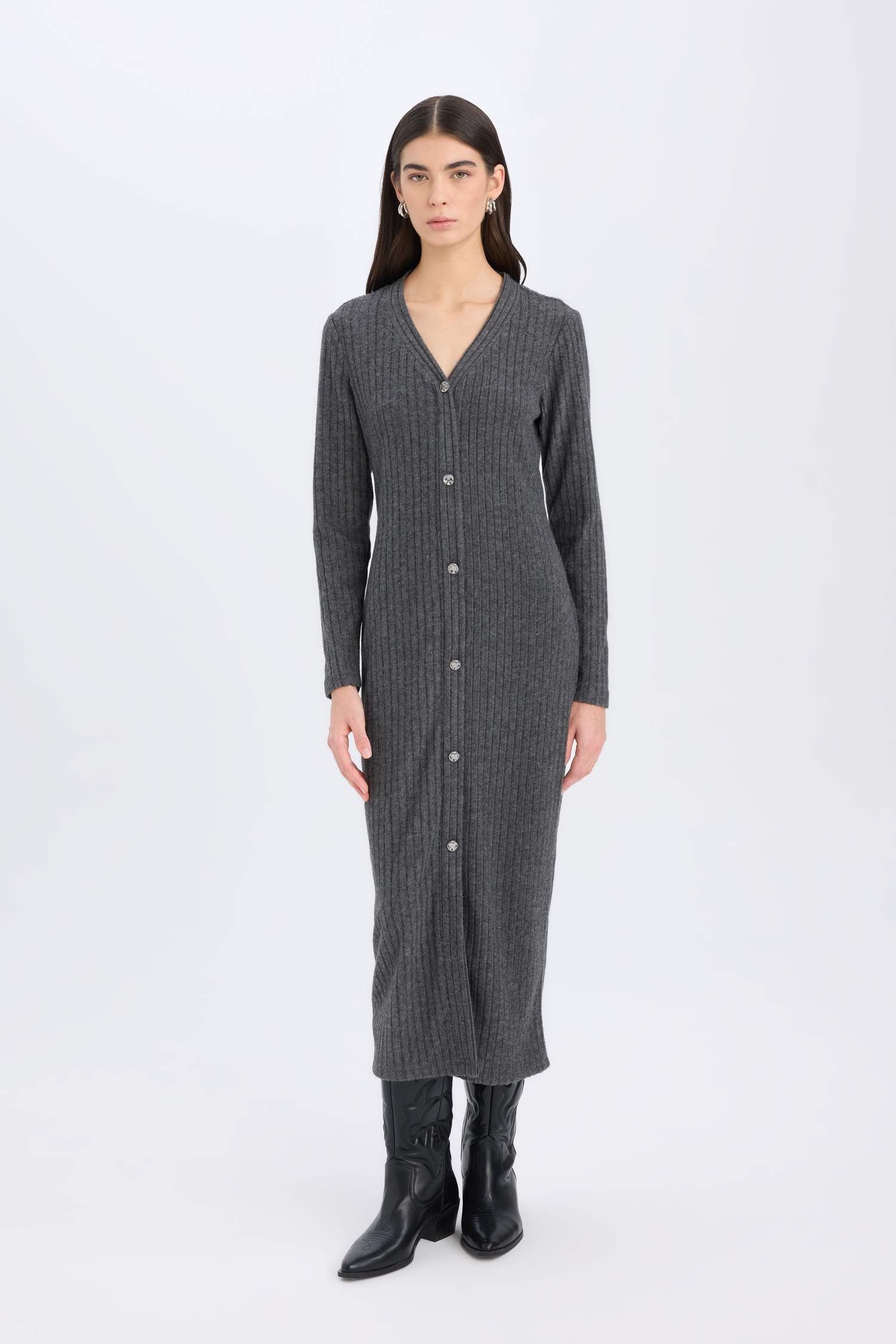 Bodycon Vücudu Saran Basic Düz V Yaka Düğmeli Fitilli Kaşkorse Midi Uzun Kollu Elbise