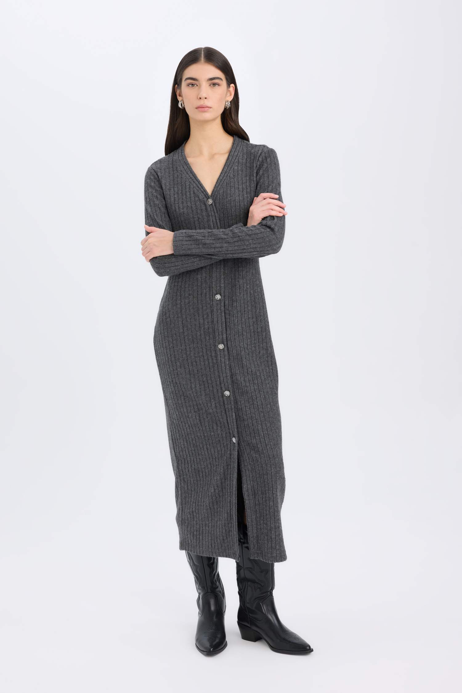 Bodycon Vücudu Saran Basic Düz V Yaka Düğmeli Fitilli Kaşkorse Midi Uzun Kollu Elbise