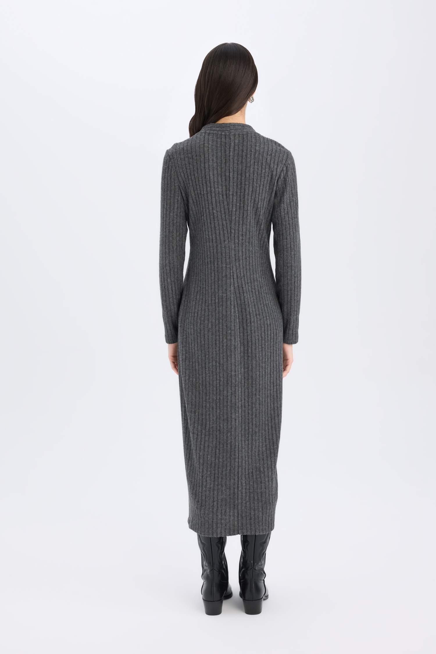 Bodycon Vücudu Saran Basic Düz V Yaka Düğmeli Fitilli Kaşkorse Midi Uzun Kollu Elbise