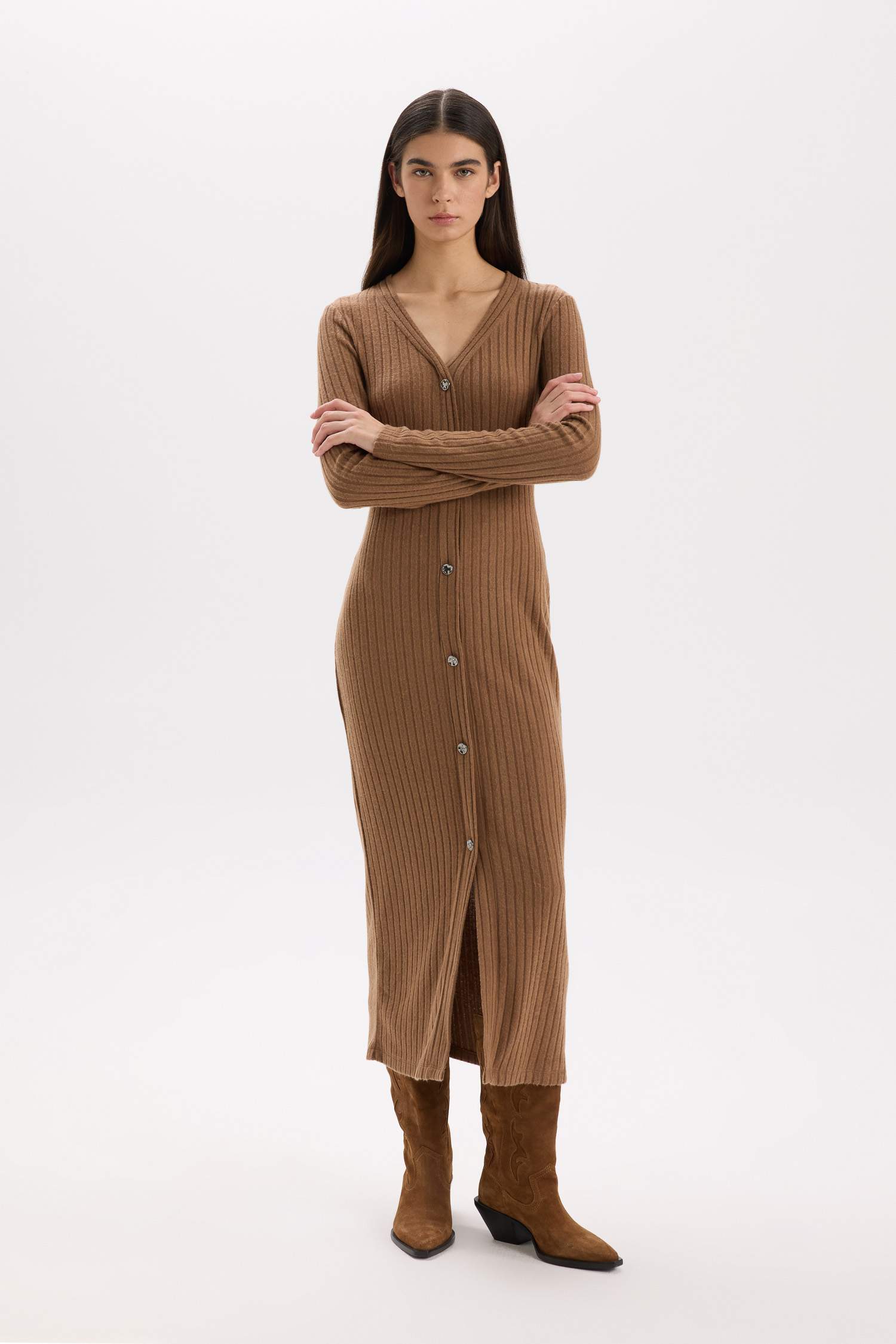 Bodycon Vücudu Saran Basic Düz V Yaka Düğmeli Fitilli Kaşkorse Midi Uzun Kollu Elbise