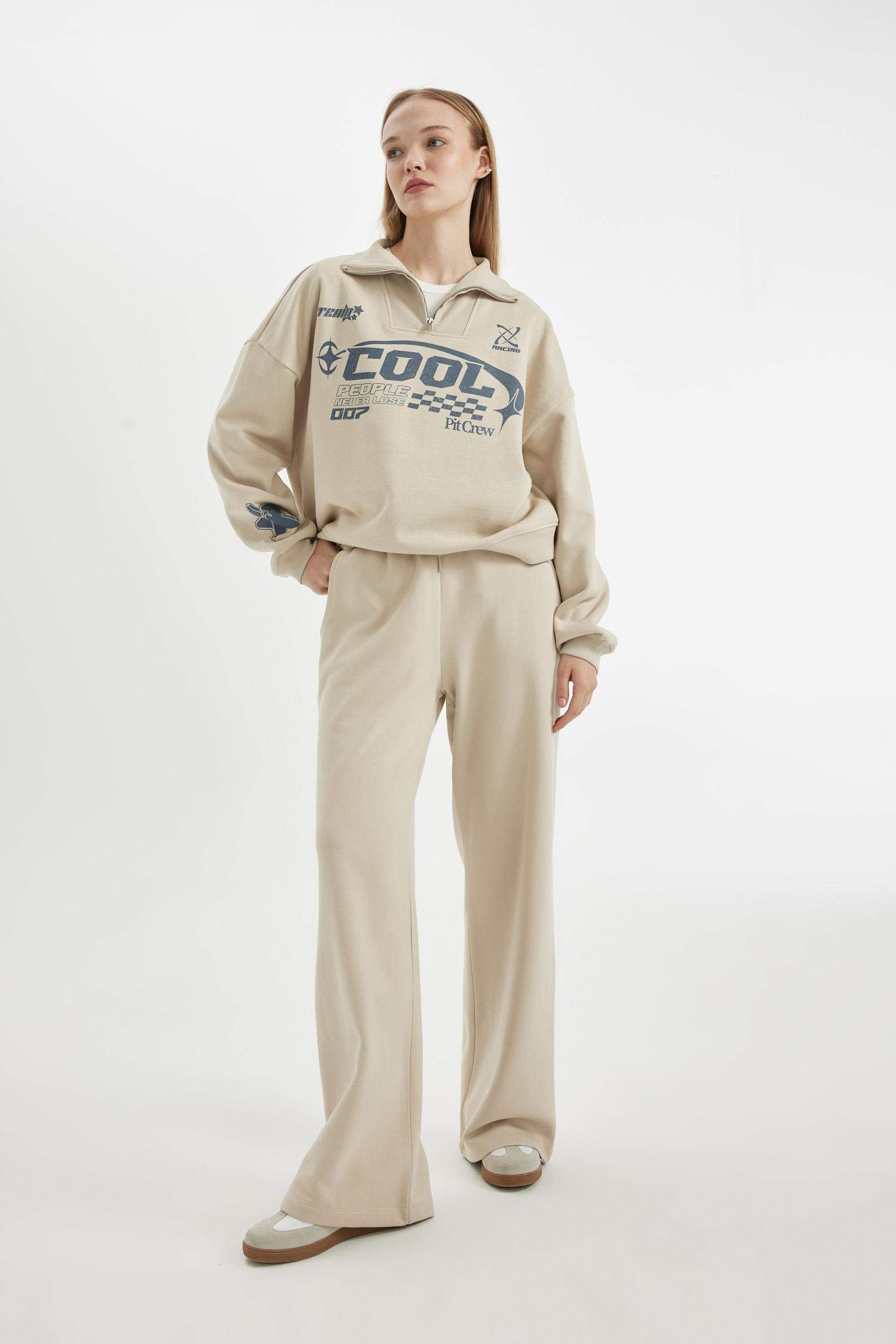 Wide Leg Geniş Bol Paça Eşofman Altı Beli Lastikli Bağcıklı Cepli Basic Düz