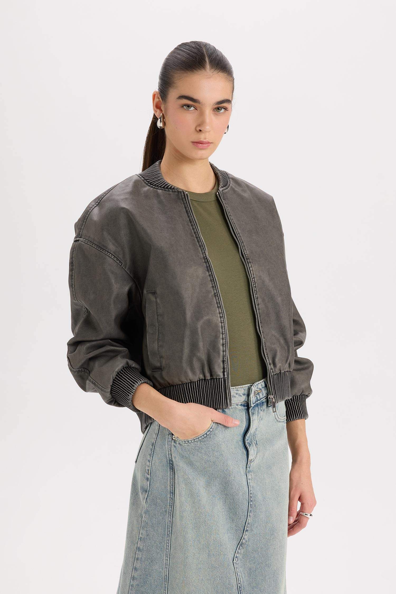 Su Geçirmez Bomber Suni Deri Ceket Mont Kolej Yaka Fermuarlı Cepli