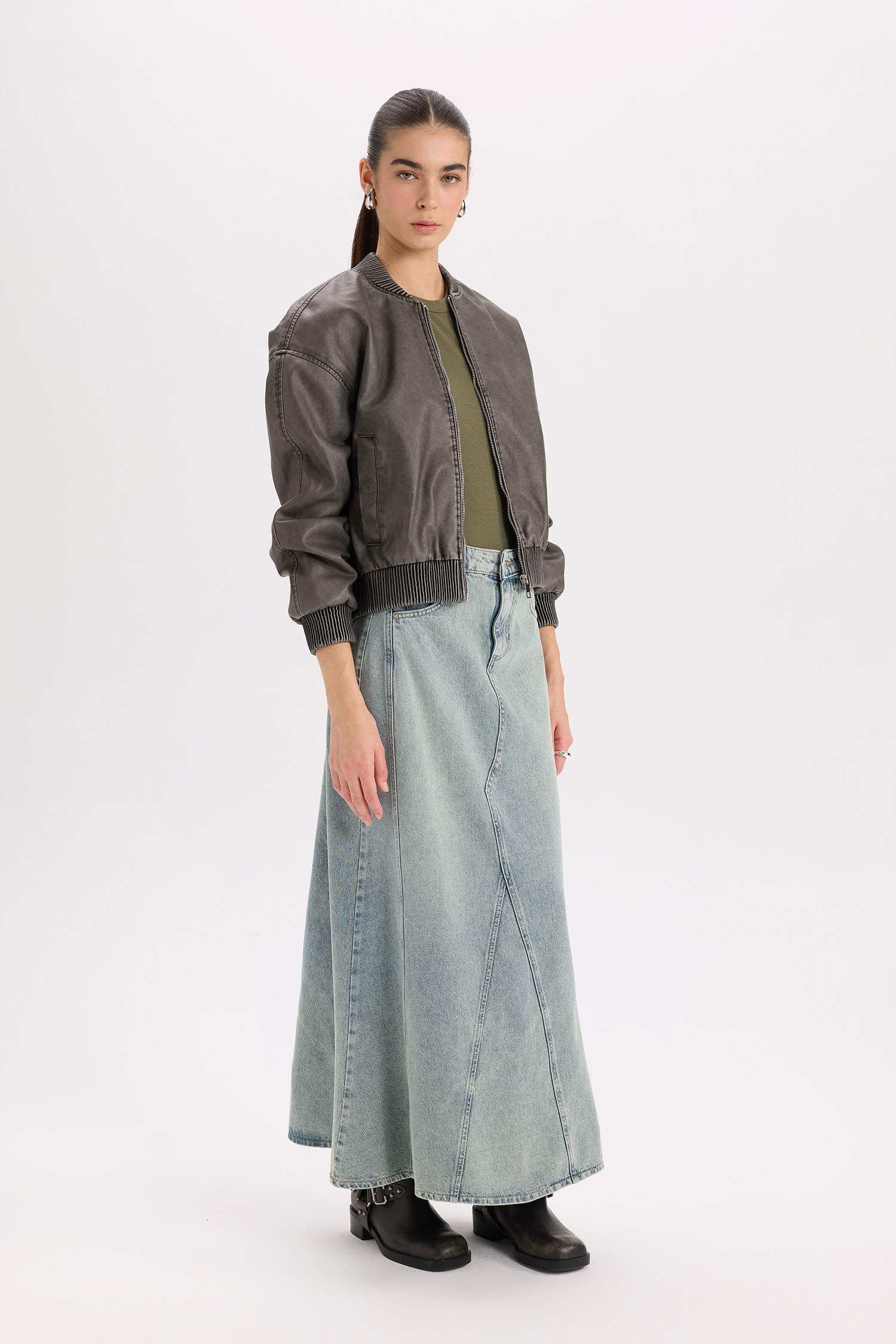 Su Geçirmez Bomber Suni Deri Ceket Mont Kolej Yaka Fermuarlı Cepli