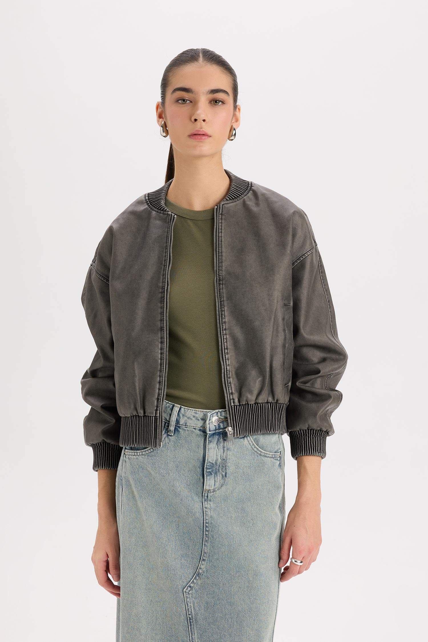 Su Geçirmez Bomber Suni Deri Ceket Mont Kolej Yaka Fermuarlı Cepli