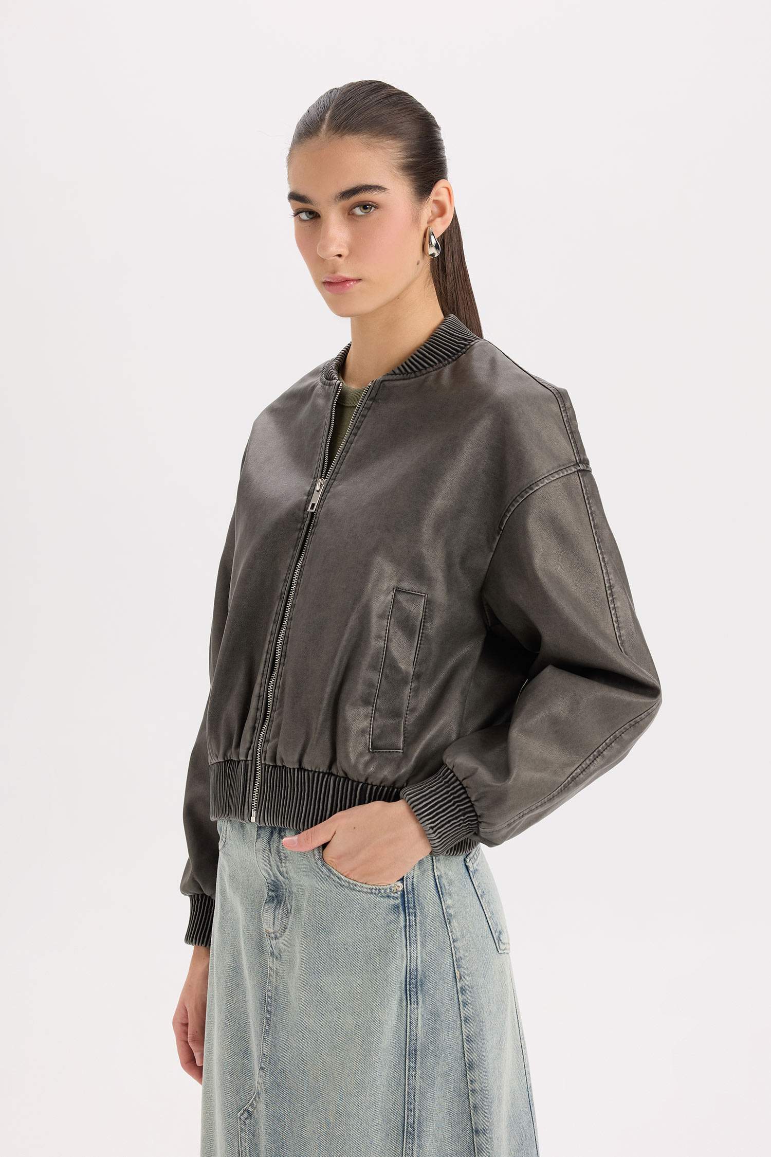 Su Geçirmez Bomber Suni Deri Ceket Mont Kolej Yaka Fermuarlı Cepli