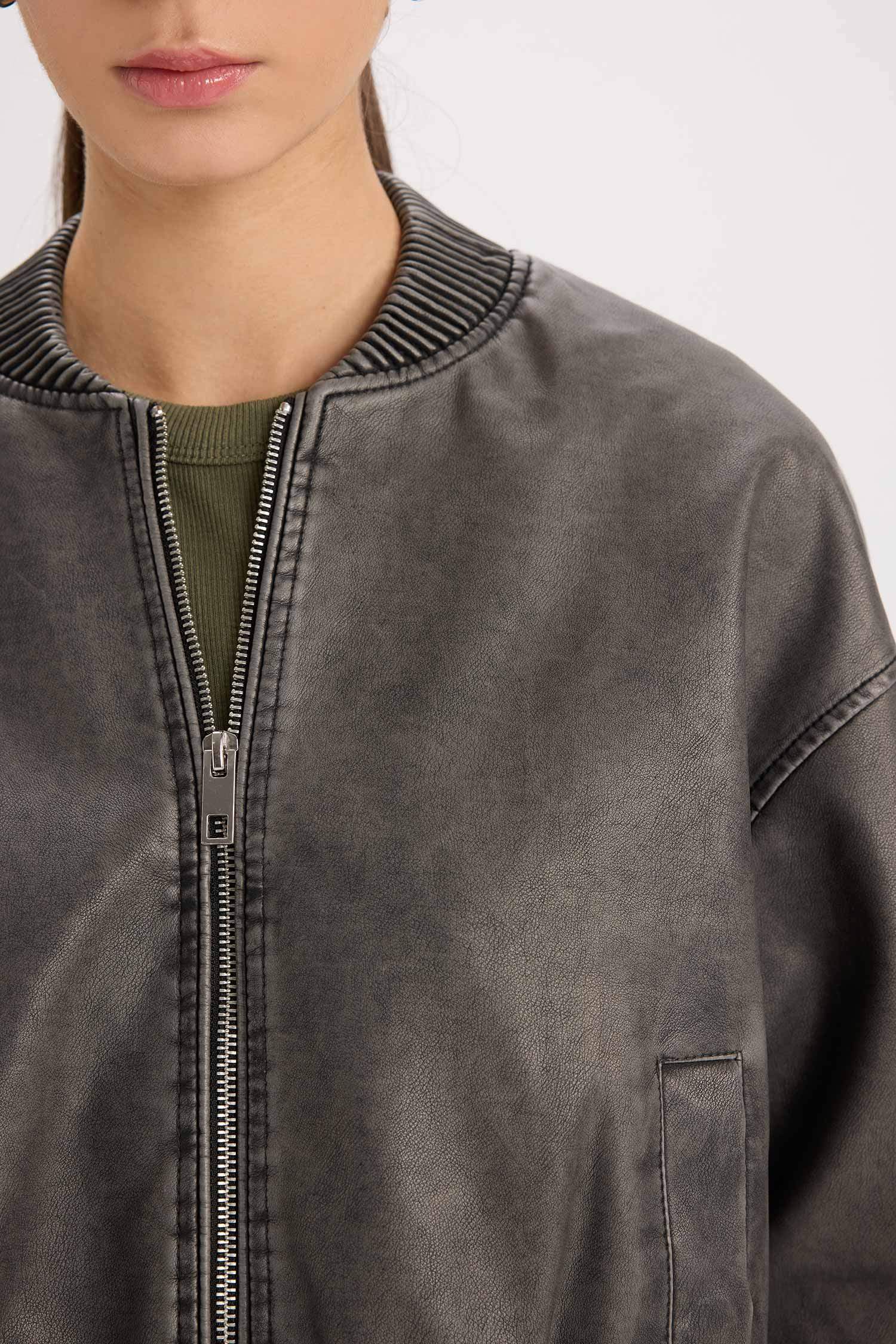 Su Geçirmez Bomber Suni Deri Ceket Mont Kolej Yaka Fermuarlı Cepli