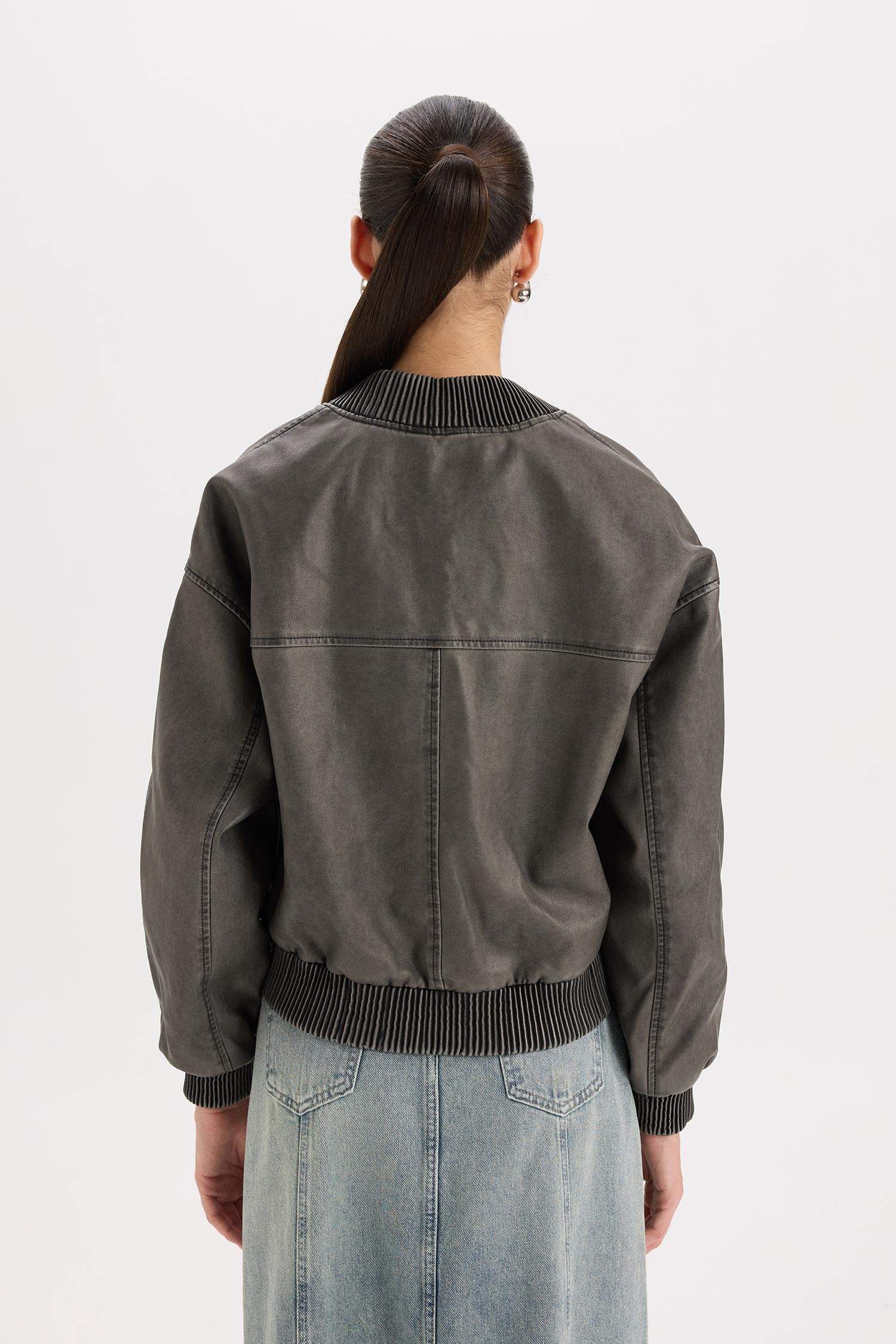 Su Geçirmez Bomber Suni Deri Ceket Mont Kolej Yaka Fermuarlı Cepli