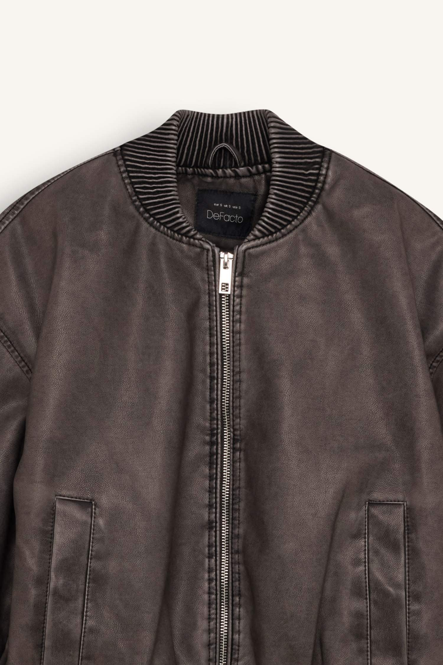 Su Geçirmez Bomber Suni Deri Ceket Mont Kolej Yaka Fermuarlı Cepli