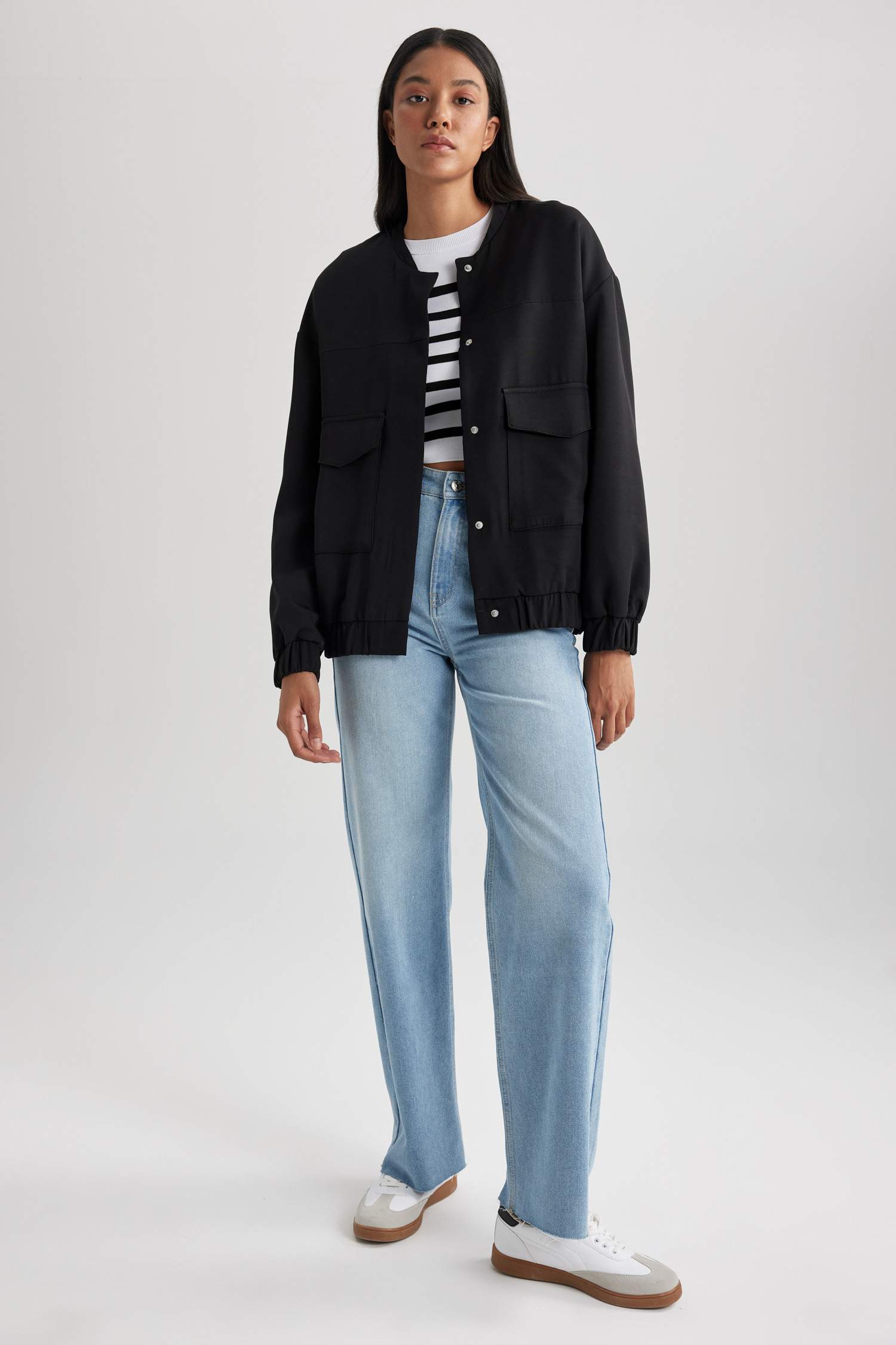 Su İtici Kolej Yaka Çıtçıtlı Cepli Basic Düz Bomber Mont Ceket