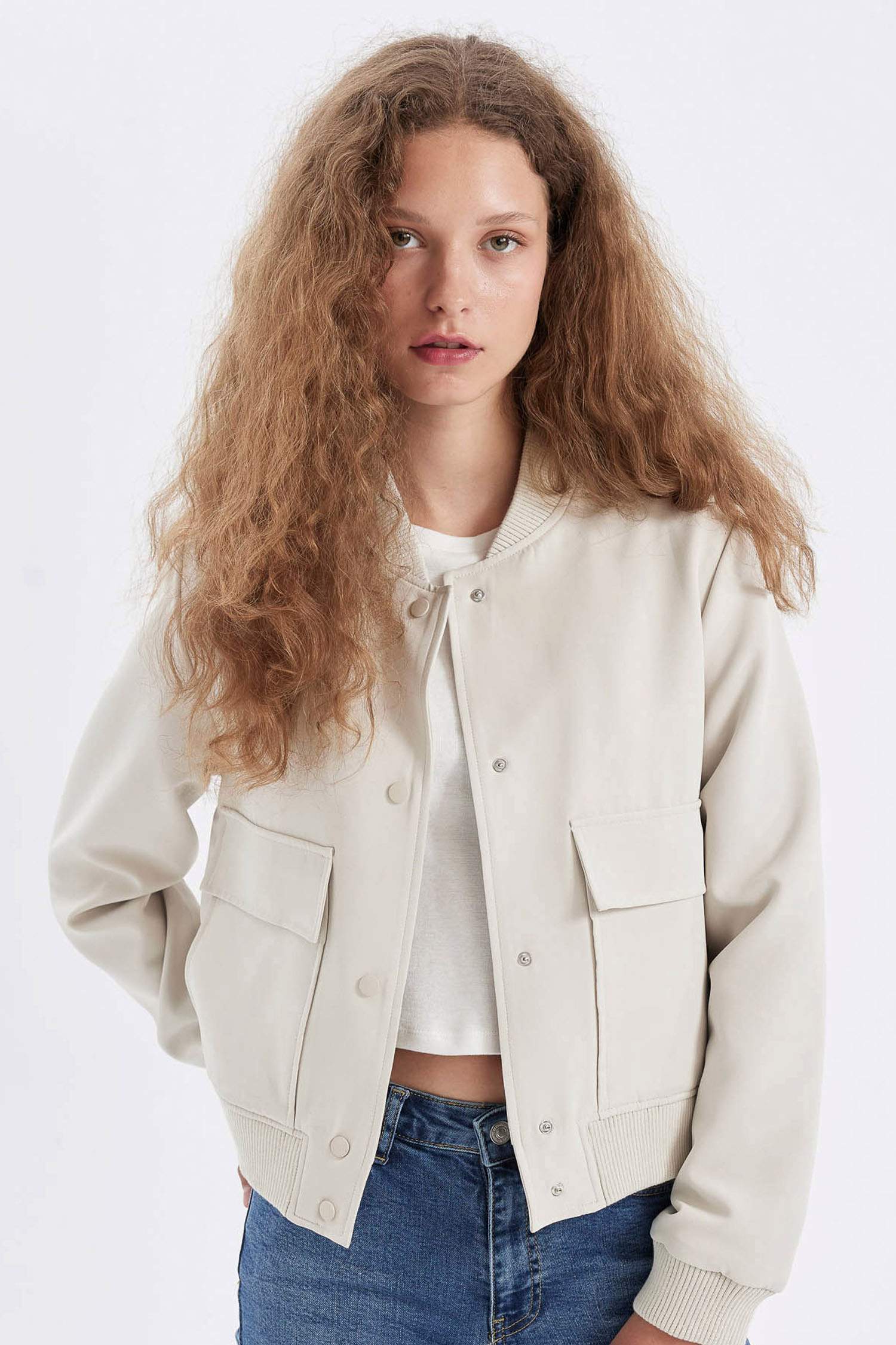 Su Geçirmez Kolej Yaka Rüzgar Geçirmez Çıtçıtlı Cepli Kısa Bomber Ceket