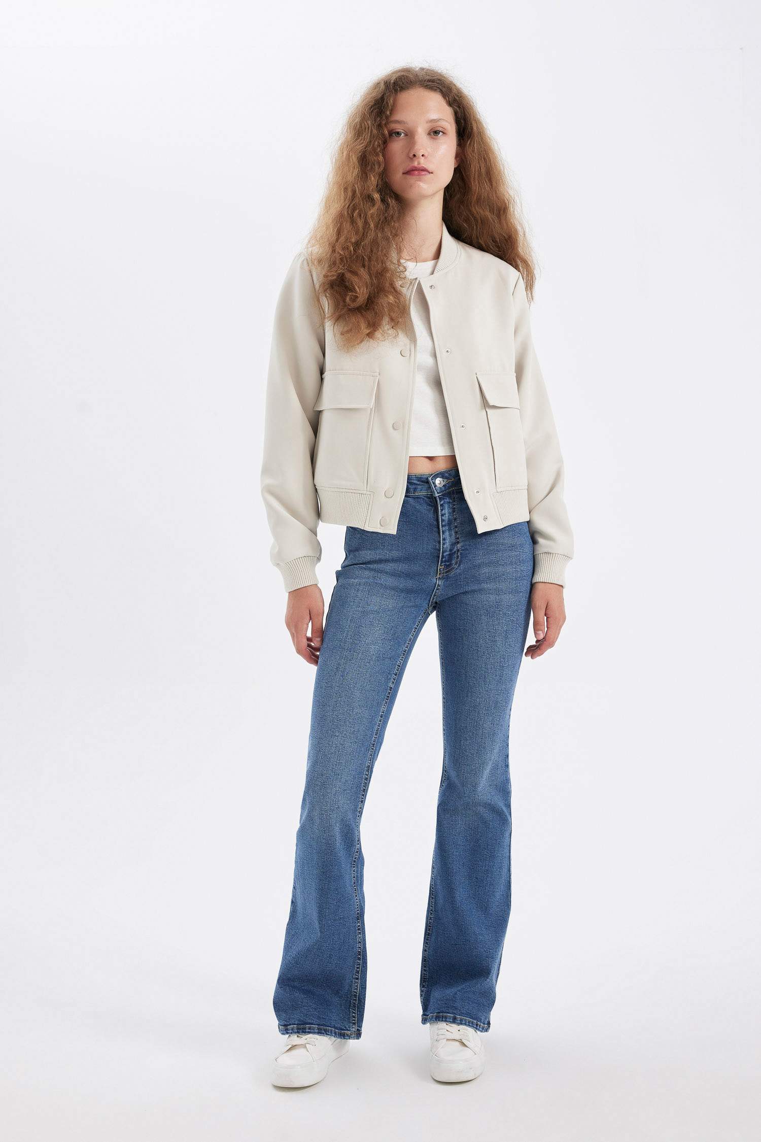 Su Geçirmez Kolej Yaka Rüzgar Geçirmez Çıtçıtlı Cepli Kısa Bomber Ceket