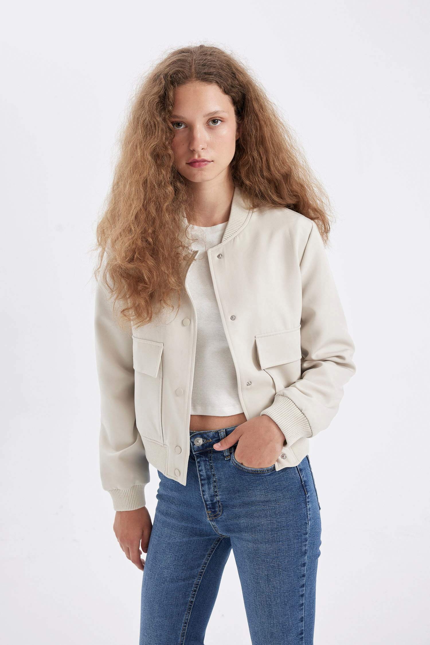 Su Geçirmez Kolej Yaka Rüzgar Geçirmez Çıtçıtlı Cepli Kısa Bomber Ceket