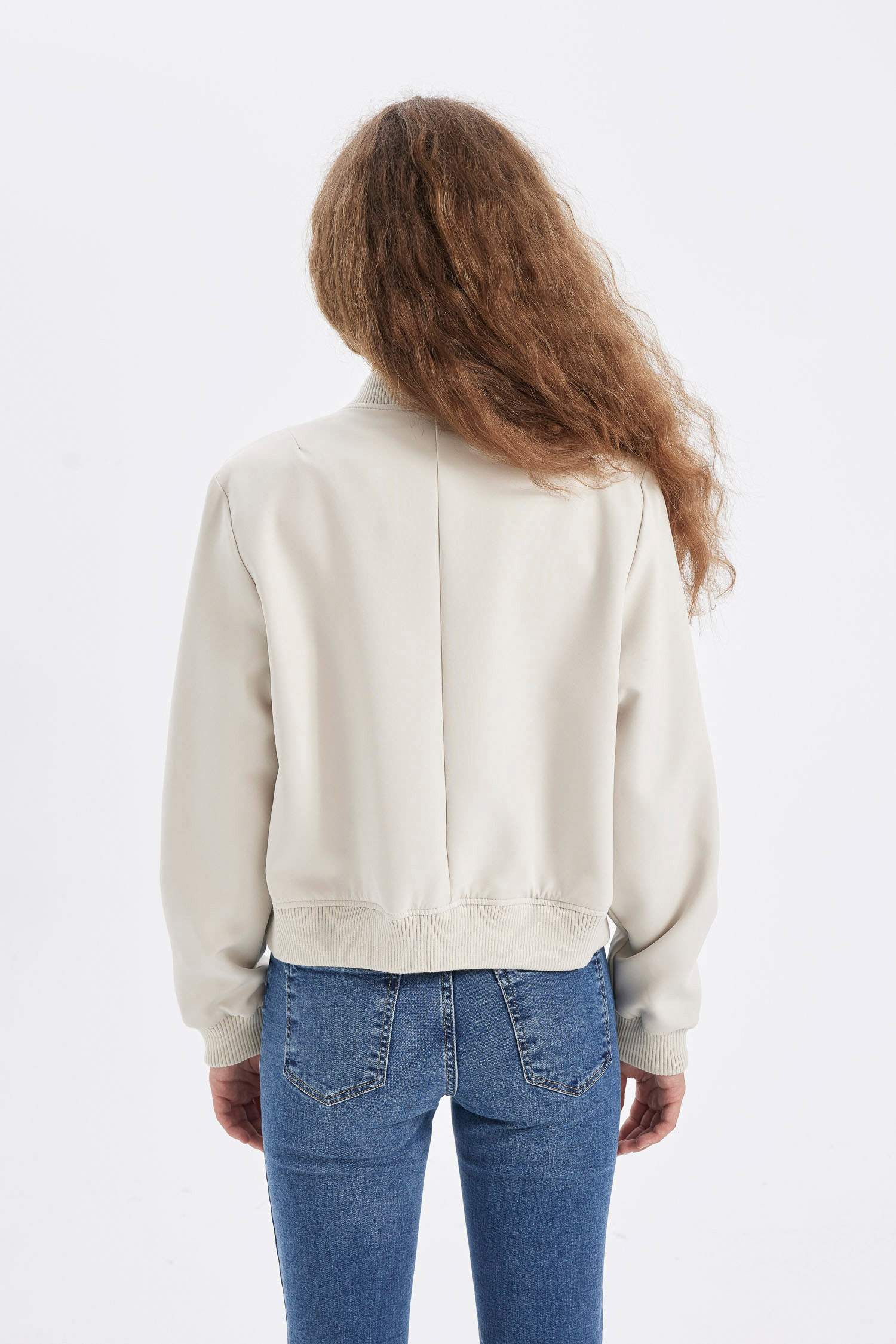 Su Geçirmez Kolej Yaka Rüzgar Geçirmez Çıtçıtlı Cepli Kısa Bomber Ceket