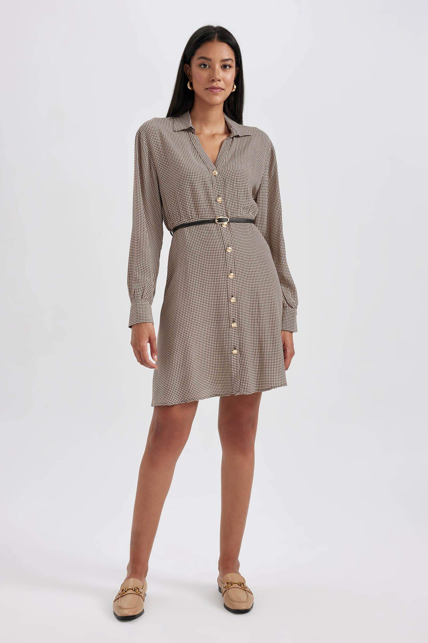 Shirt Collar Houndstooth Twill Mini Dress