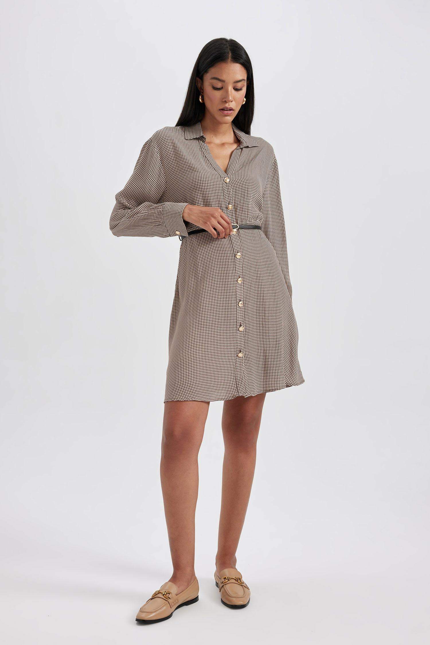 Shirt Collar Houndstooth Twill Mini Dress