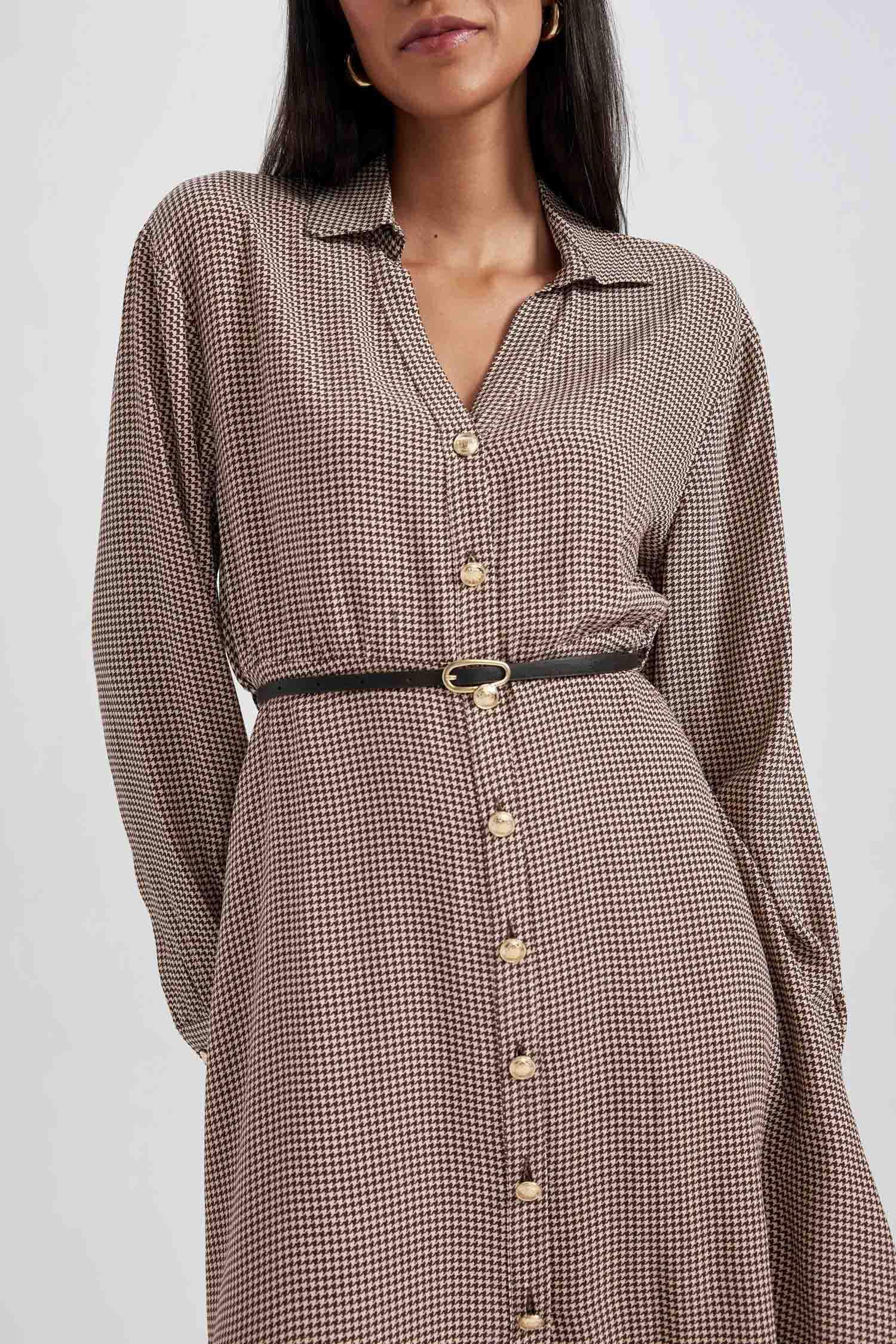 Shirt Collar Houndstooth Twill Mini Dress