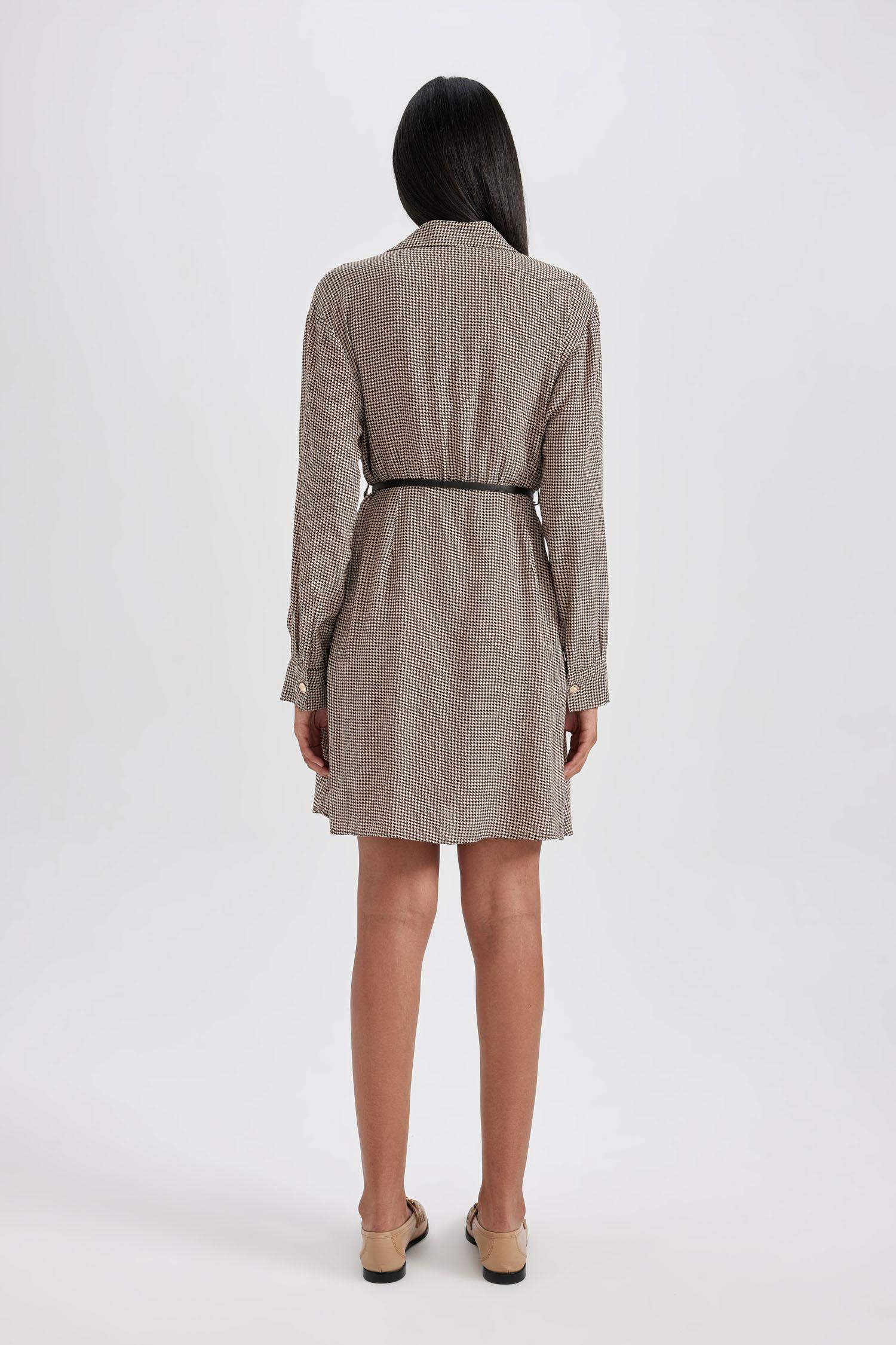 Shirt Collar Houndstooth Twill Mini Dress