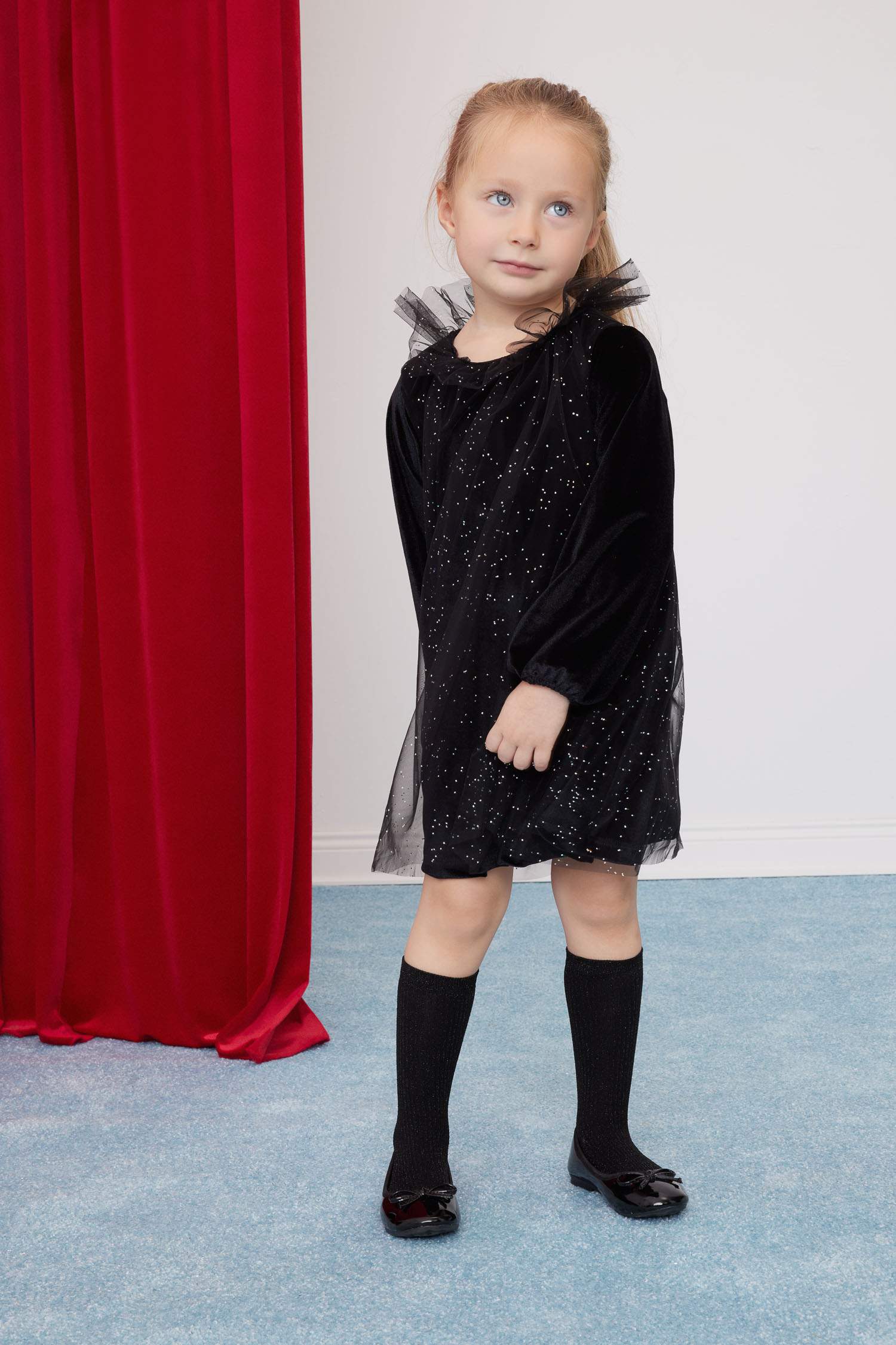 Kız Bebek Yılbaşı Temalı Puantiye Uzun Kollu Kadife Elbise