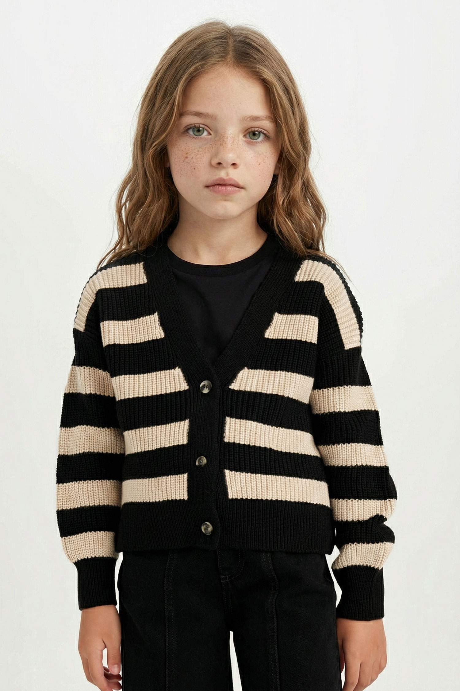 Cardigan en tricot à col en V rayé avec boutons pour fille