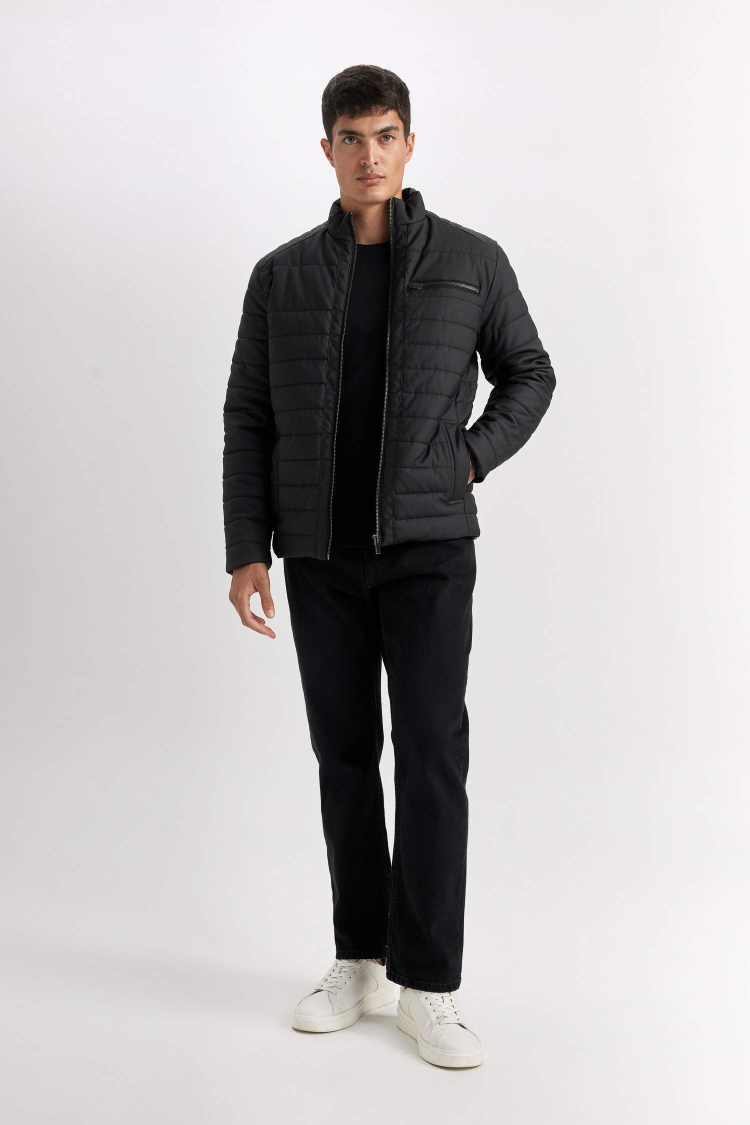 Su İtici Slim Fit Dar Kesim Dik Yaka Fermuarlı Cepli Suni Deri Ceket Mont