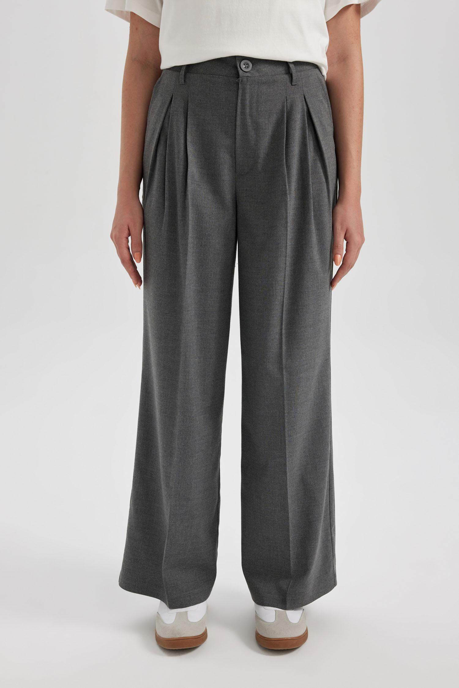 Wide Leg Geniş Bol Paça Çift Pileli Basic Düz Dokuma Klasik Pantolon