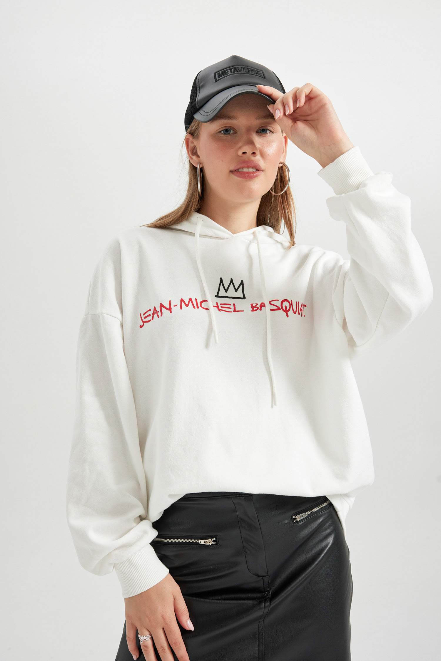 Coool Jean Michel Basquiat Oversize Geniş Kalıp Kapüşonlu Sırt Baskılı Kalın Kumaş Sweatshirt