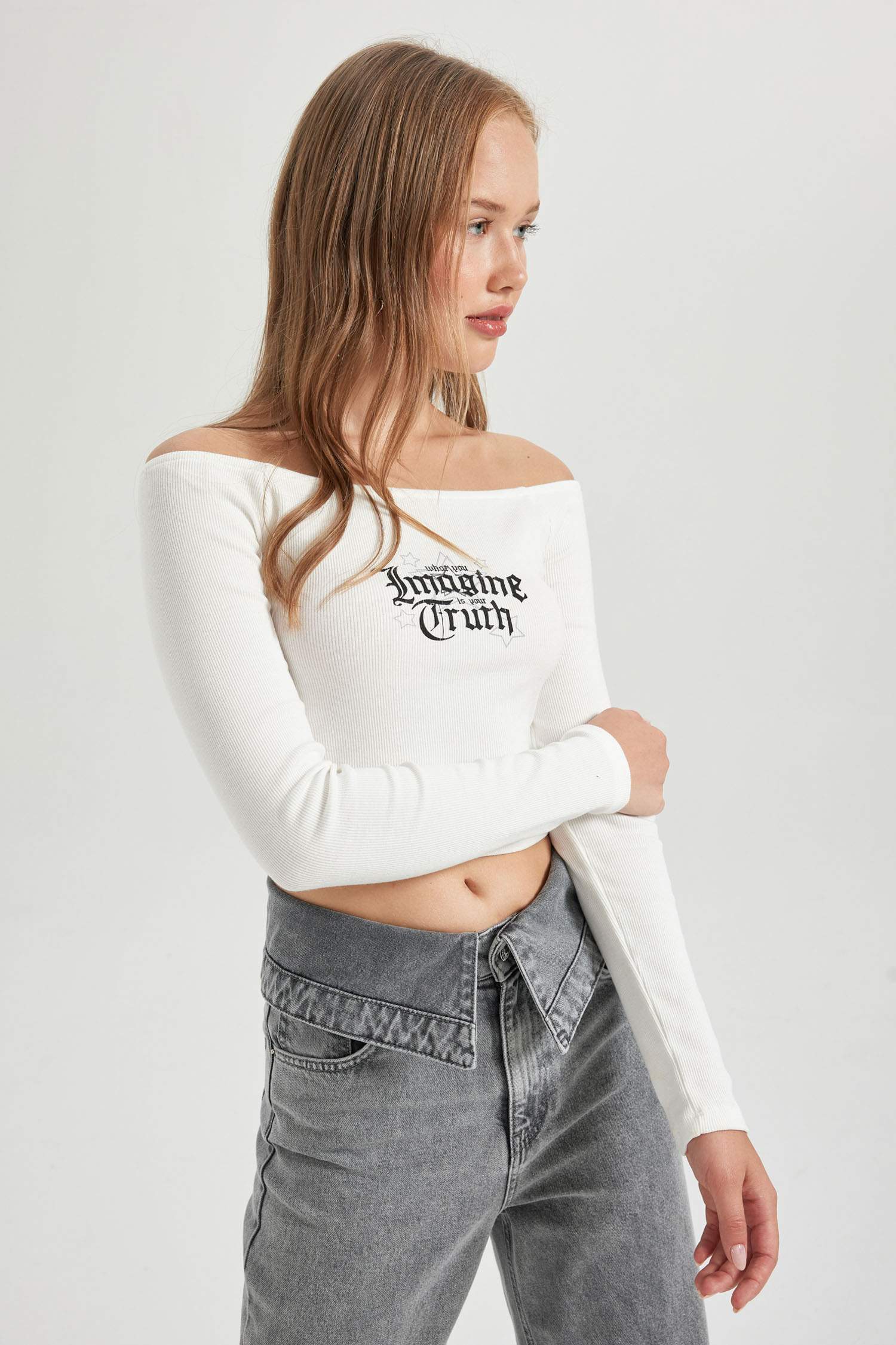 Coool Fitted Açık Omuz Fitilli Kaşkorse Uzun Kollu Tişört