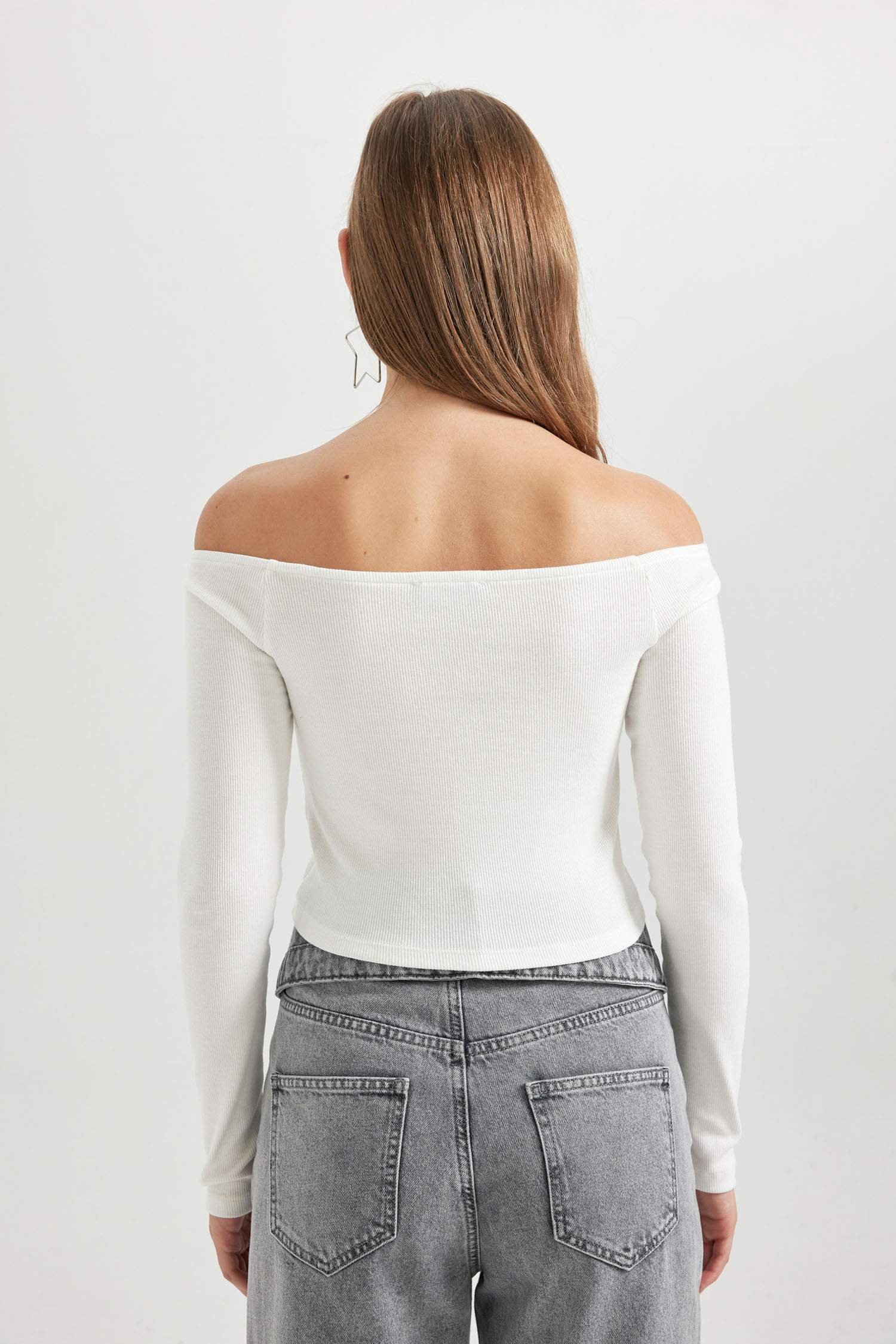 Coool Fitted Açık Omuz Fitilli Kaşkorse Uzun Kollu Tişört