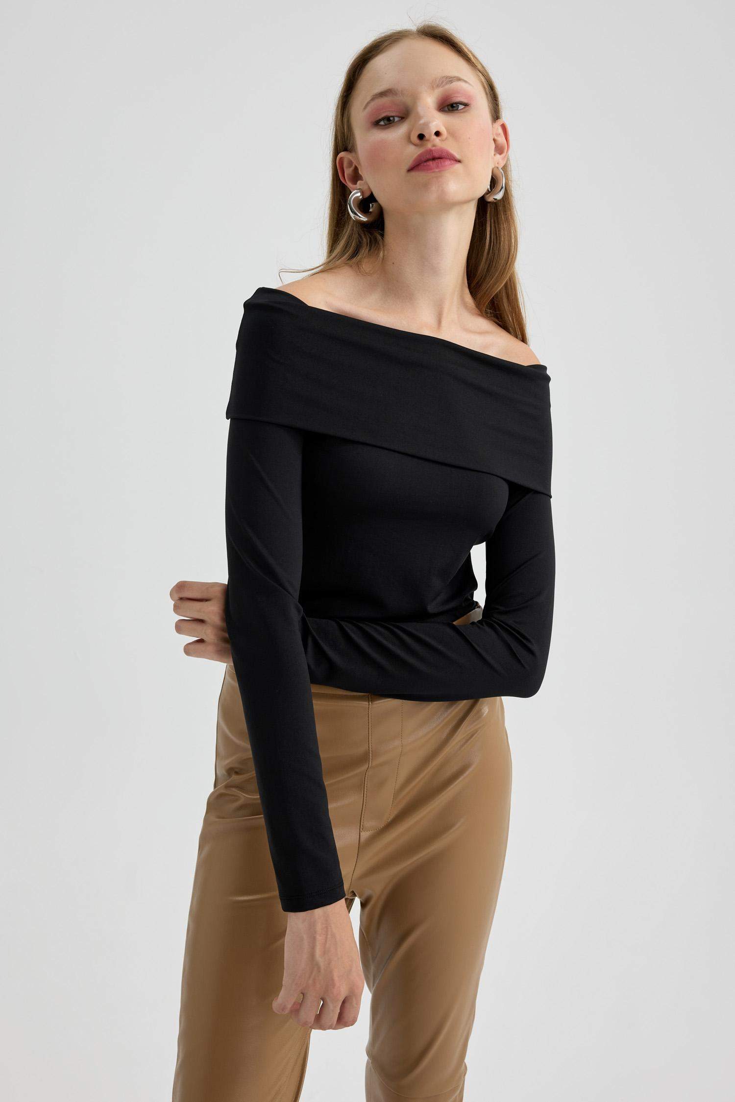 Slim Fit Off Shoulder Long Sleeve T-Shirt