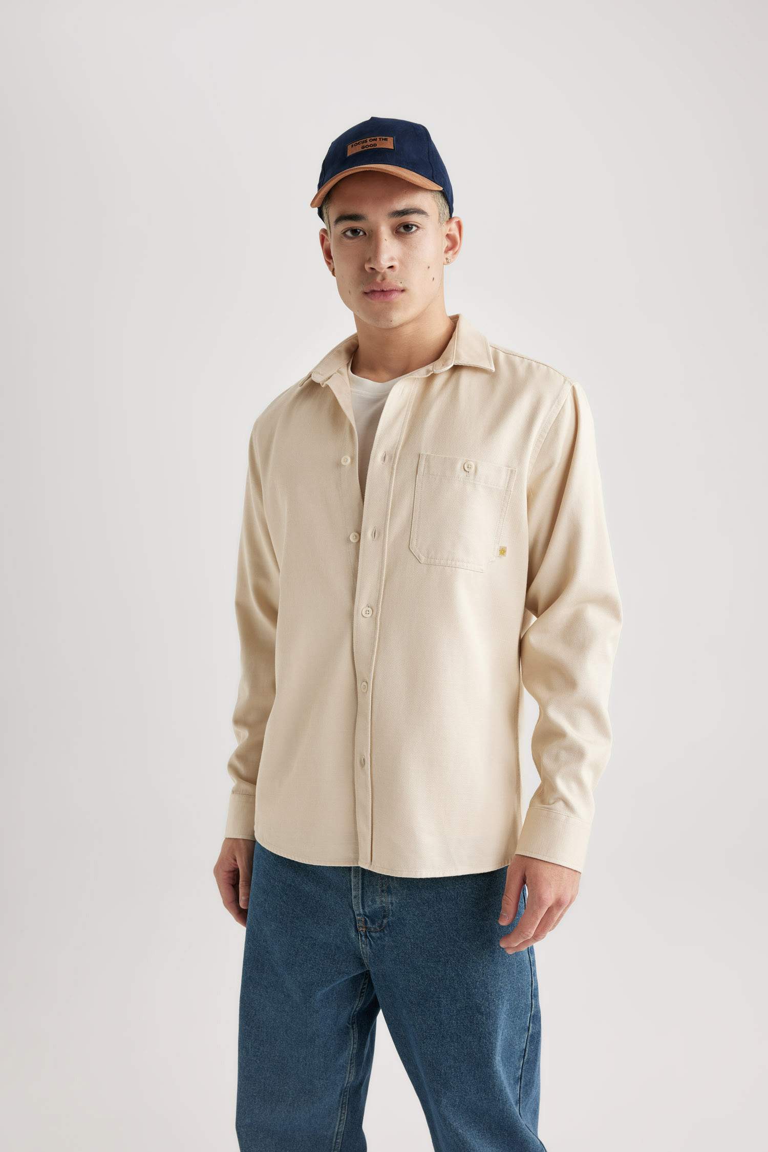 Regular Fit Tensel Basic Düz Uzun Kollu Gömlek