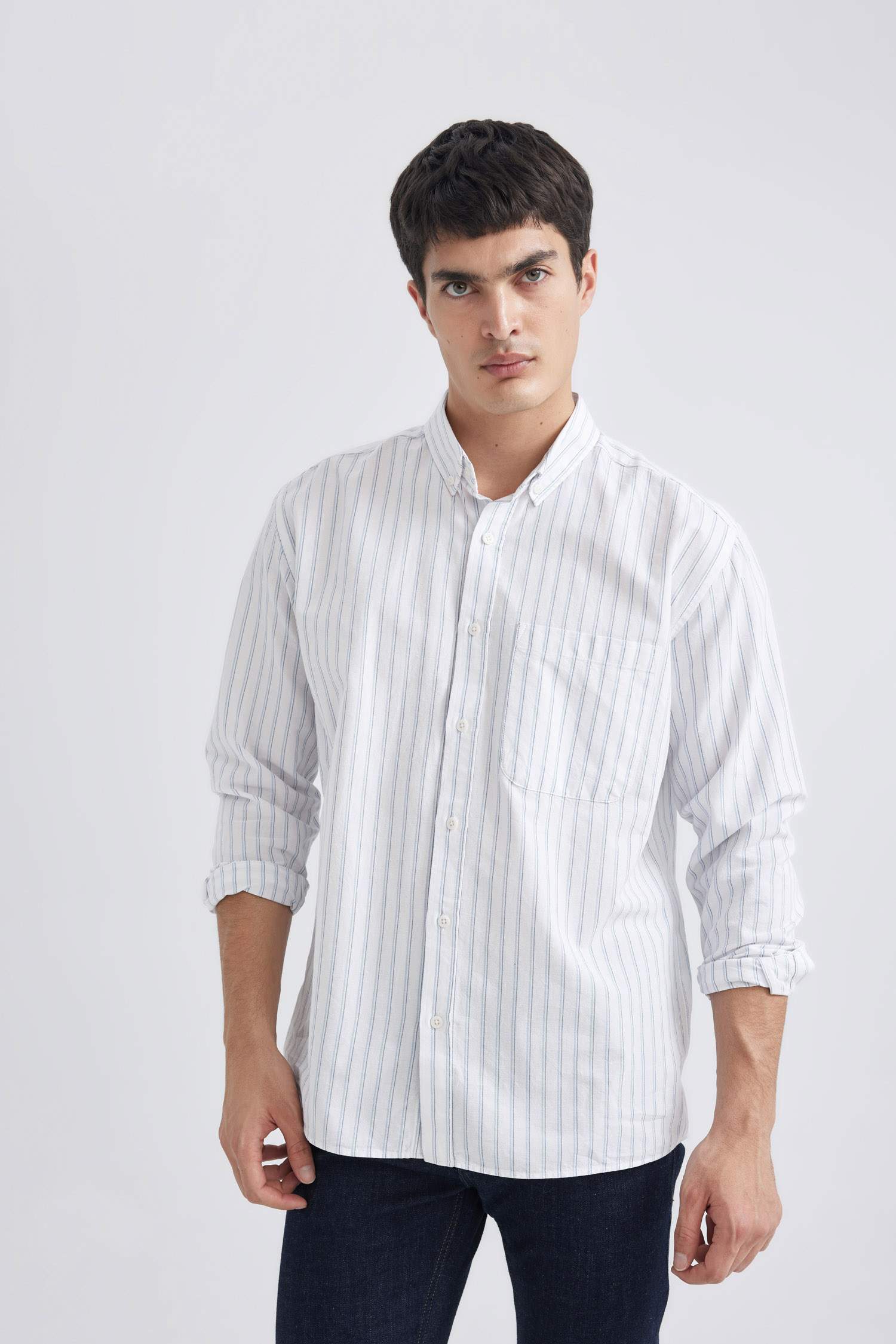 قميص بولو مخطط ردن طويل قصة مريحة